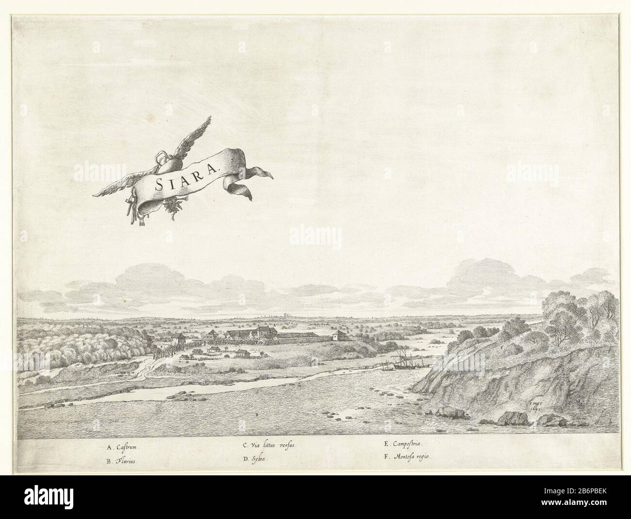 Gezicht op Siara, CA 1636-1644 Siara (objet titel op) vue du fort à Siara de Ceará (Fortaleza), CA. 1636-1644. Dans le ciel, une bande aidée avec le titre. Dans la légende expliquant les lettres A-F de Latijn. Fabricant : printmaker Jan van Brosterhuyzennaar dessin: Frans Jansz. Post (listée sur l'objet) Lieu de fabrication: Pays-Bas Date: 1645 - 1647 Caractéristiques physiques: Gravure et engrama matériel: Technique du papier: Gravure / engrama (procédé d'impression) Dimensions: Bord de la plaque: H 385 mm × W 511 mmToeliechtngent utilisé: Caspar Barlaeus, Rerum per octennium à Brasilia et alibi Nuper gestarum sub Banque D'Images