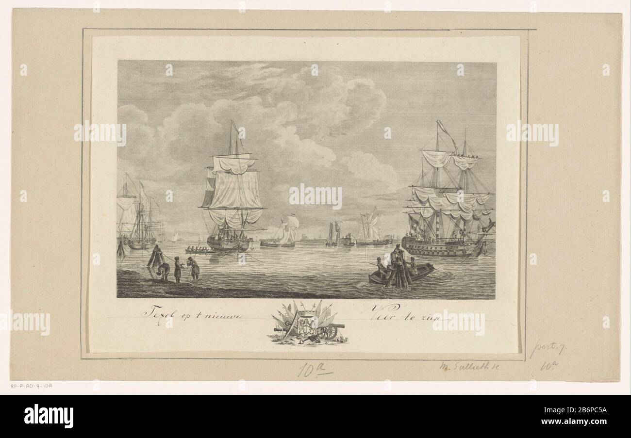 Gezicht op Texel bij het Nieuwe Veer Texel op t Nieuwe Veer te zien (objet titel op) vue de Texel en Nouvelle plume avec plusieurs bateaux de voile. Bras central inférieur de Texel. Fabricant : printmaker Mathias Salliethnaar le dessin: Dirk de Jong Place fabrication: Rotterdam Date: 1781 - 1787 Caractéristiques physiques: Gravure au stylo en noir; matériau d'épreuvage: Technique d'encre papier: Gravure / stylo Dimensions: Feuille: 284 mm × H 383 b mmToeliechtStaat avant la lettre RP-P-1907-2161. Plus tard est également utilisé dans: AA, Cornelis van der. Atlas des ports maritimes de la République Batavière. Offre avec leur description Banque D'Images