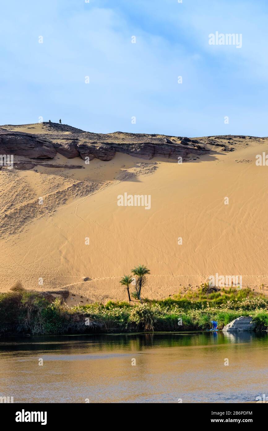 Le Nil à Assouan avec un fond de dunes de sable et de palmiers et de roches Banque D'Images