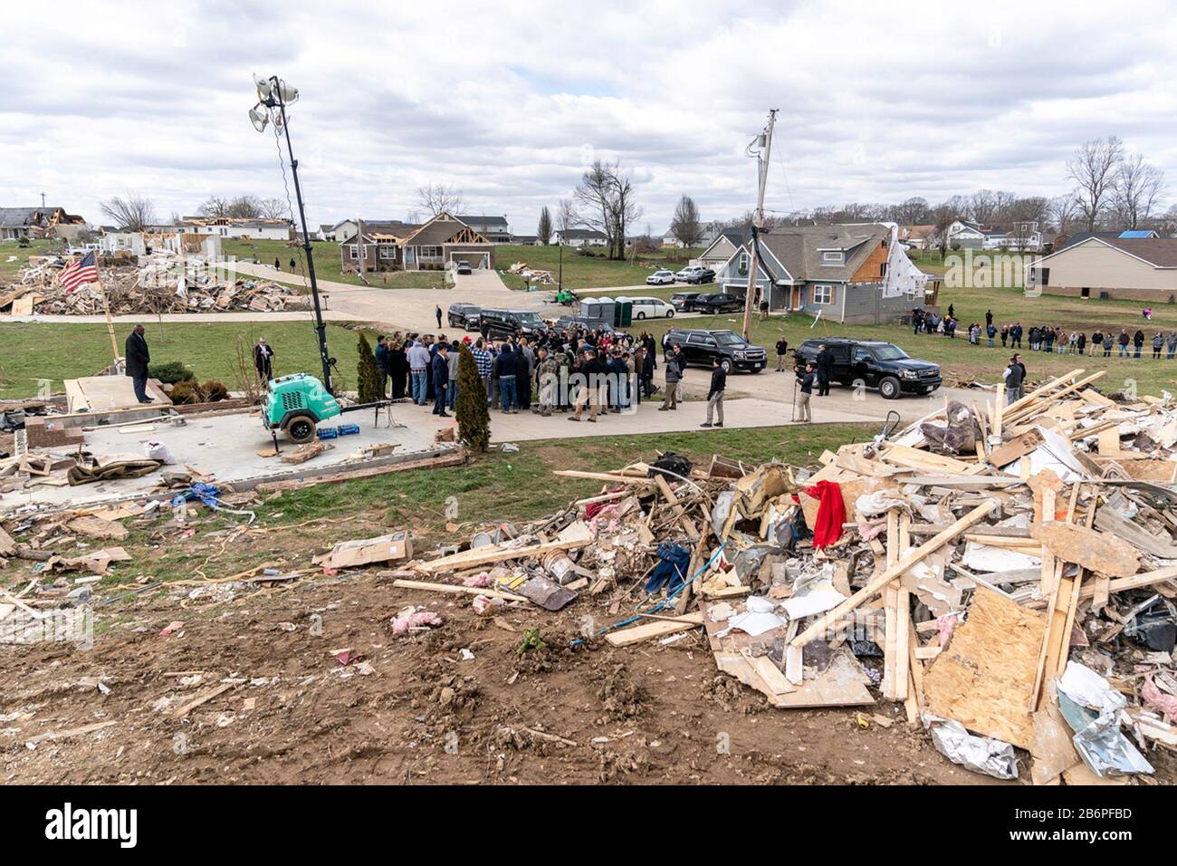 Les restes de maisons détruites à la suite d'une tornade massive le 6 mars 2020 à Cookeville, Tennessee. Le président américain Donald Trump s'est rendu à Nashville et dans les environs pour étudier les tornades qui ont tué plus de 24 personnes. Banque D'Images