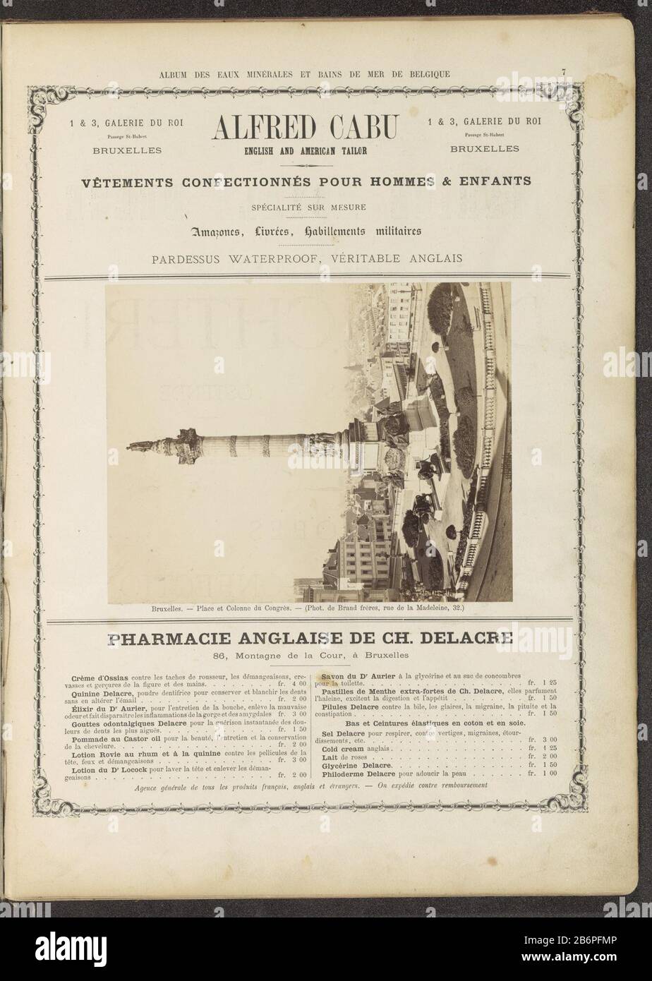 Vue du Congrès colonne Bruxelles Bruxelles Bruxelles - Lieu et Colonne du Congrès (titre objet) Type de bien: Page photo Numéro de l'article: RP-F 2001-7-1644-2 Inscriptions / marques: Nom, recto, imprimé: (Phot Fire Frères, rue de la Madeleine, 32.) Fabrication Créateur: Photographe: Incendie Frères (biens énumérés) Lieu de fabrication: Bruxelles Date: CA. 1862 - ca. 1872 matériau: Technique du papier: Albumen dimensions de l'impression: Photo: H 187 mm × W 149 mmToelichtingFoto page 7. Objet: Colonne, pilier  place de l'architecture, lieu, cirque, etc.monument, statue où: Congrescolumn Banque D'Images
