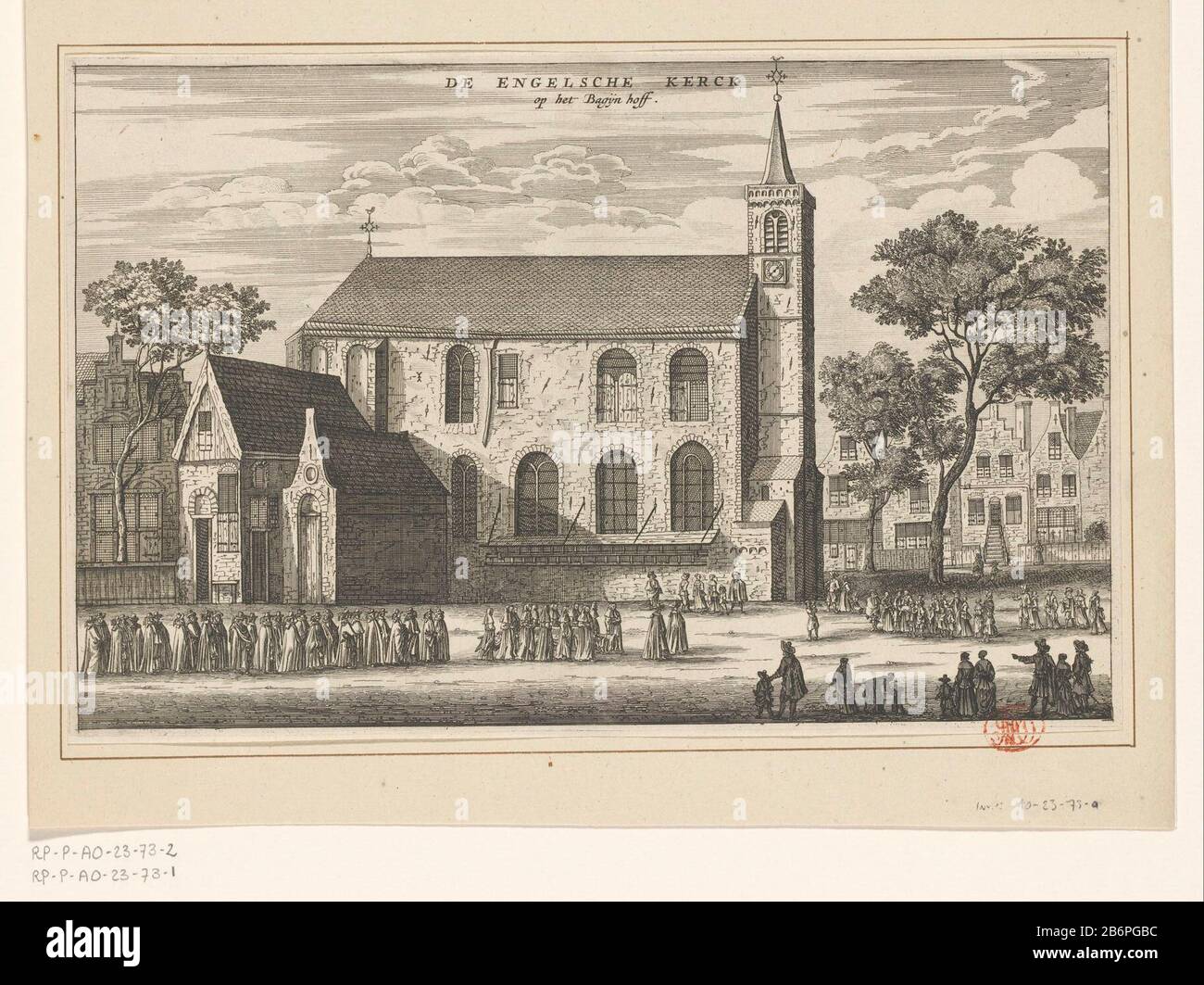 Gezicht op de Engelse Kerk te Amsterdam de Engelsche Kerck op het Bagijn hoff (objet titel op) vue de l'église anglaise dans le Begijnhof à Amsterdam. Pour l'église un begrafenisstoet. Fabricant : printmaker Jacob van Meurs (possible) Editeur: Jacob van Meurs (possible) Editeur: Joachim Nosche (possible) Lieu de fabrication: Amsterdam Date: 1663 - 1664 matériau: Technique du papier: Gravure / engrara (processus d'impression) Dimensions : bord de la plaque: H 192 mm × W 298 mToeliechtingHuidige état d'impression utilisé dans: Dapper, Olfert. Beschry der stadt Amsterdam waer historique dans les histoires voornemste (afte Banque D'Images
