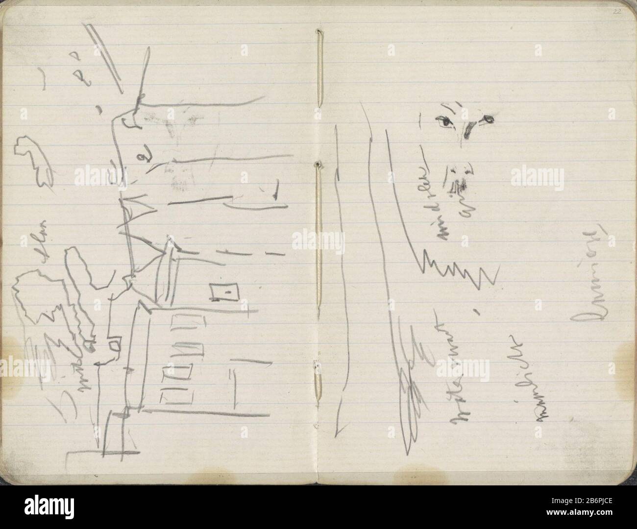 Gezicht op de Lauriergracht te Amsterdam Lauriergracht 7 et plus. Vue possible depuis le pont 112 Prinsengracht jusqu'à Lijnbaansgracht. Étude d'un visage. Page 21 et page 22 d'un croquis avec 37 bladen. Fabricant : artiste George Hendrik Breitner Lieu de fabrication: Amsterdam Date: 1896 - 1901 Caractéristiques physiques: Craie noire et crayon sur papier doublé: Crayon de craie en papier doublé en question: Canaux, eau (en ville) architecture civique; édifices; dwellingsface Banque D'Images