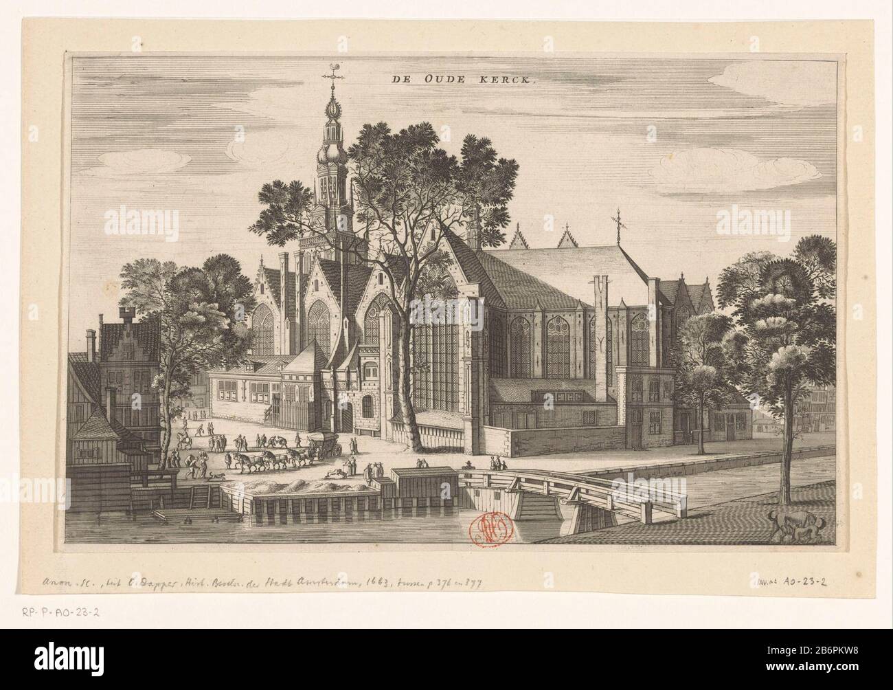 Gezicht op de Oude Kerk te Amsterdam de Oude Kerck (objet titel op) vue sur la vieille église, également connue sous le nom d'église Saint-Nicolas à Amsterdam. Église plusieurs figures et koets. Fabricant : printmaker Jacob van Meurs (possible) Editeur: Jacob van Meurs (possible) Editeur: Joachim Nosche (possible) Lieu de fabrication: Amsterdam Date: 1663 - 1664 matériau: Technique du papier: Gravure / engrara ( procédé d'impression) Dimensions: Bord de la plaque: H 191 mm × W 299 mmToeliechtingHuidige état d'impression utilisé dans: Dapper, Olfert. Beschry der stadt Amsterdam waer historique dans les histoires de voornemste (après un court ver Banque D'Images