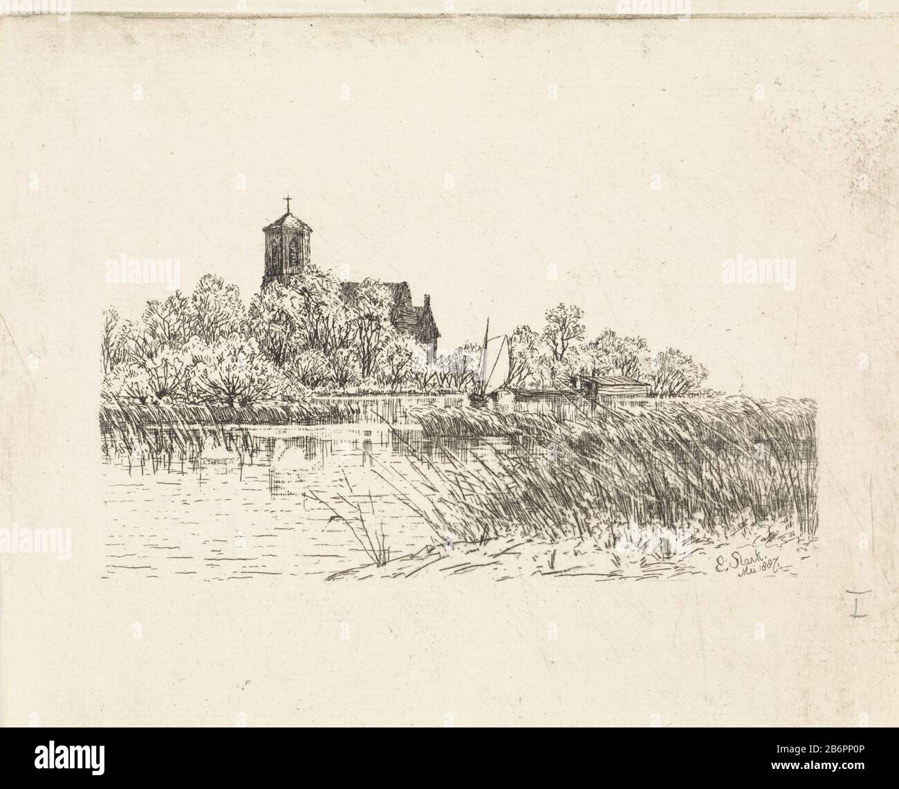 Gezicht op de Sint Urbanuskerk te Bovenkerk met op het eau een zeilscheepje vue de l'église St Urban dans l'église supérieure au premier plan sur l'eau un bateau à voile et zwanen. Fabricant : printmaker Elias Stark (propriété cotée) Lieu de fabrication: New Amstel Dating : May 1887 Caractéristiques physiques: Gravure; matériau d'épreuvage: Technique du papier: Gravure Dimensions: Feuille: H 146 mm × W 181 mm Sujet: Église (extérieure) Où: Église St. Urban Church Banque D'Images