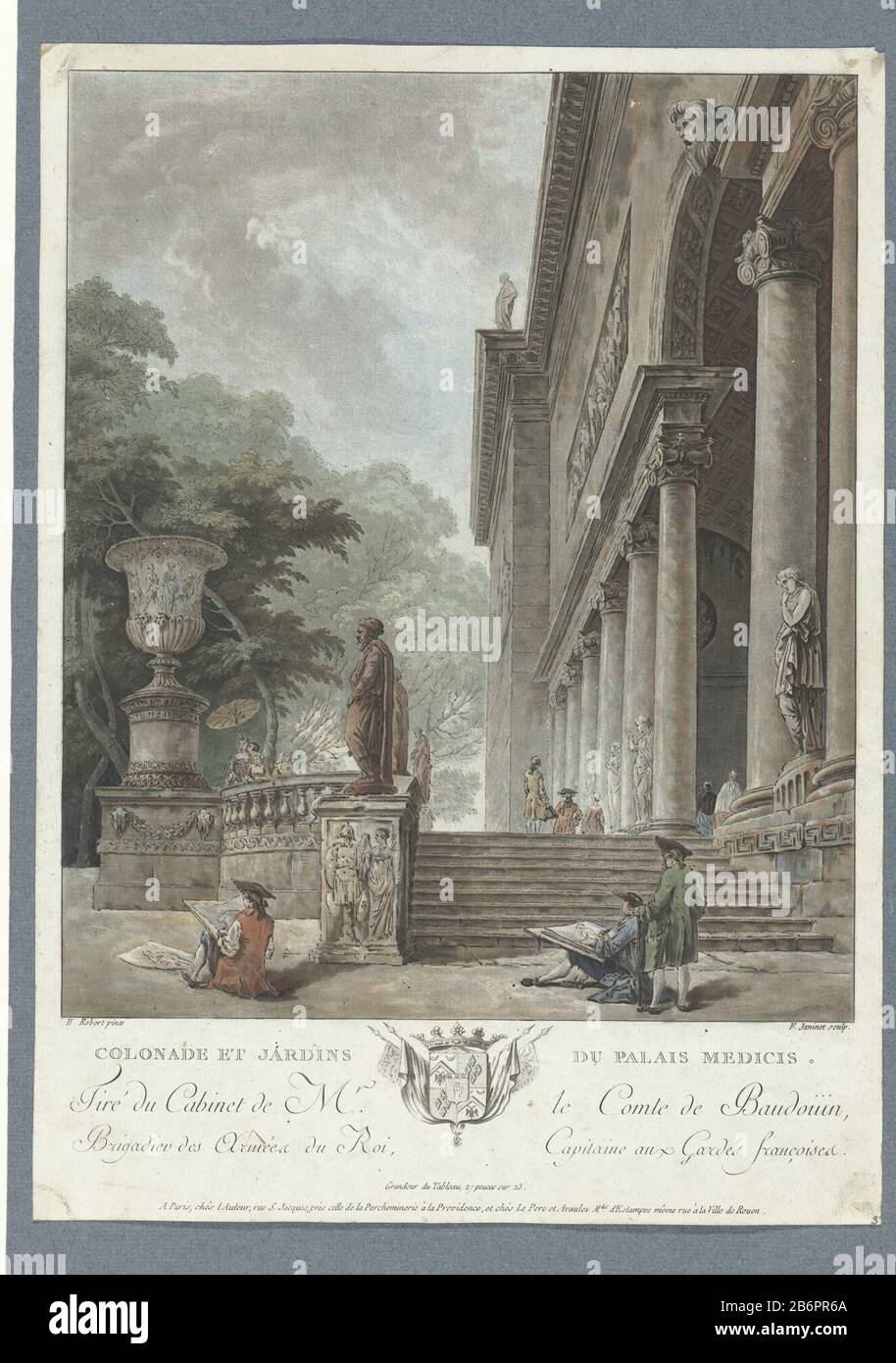 Gezicht op de Villa Medici Colonade et jardins du Palais Medicis (objet op) vue sur la colonnade et les jardins de la Villa Medici à Florence. Au premier plan se trouvent deux hommes qui esquissés. Parmi le texte de présentation et wapenschild. Fabricant : graveur Jean François Janinet (propriété listée) à la peinture par Hubert Robert (bâtiment listé): Jean François Janinet (bâtiment listé) Éditeur: Charles le Père & Pierre-Michel Avaulez (indiqué à l'objet) Date: 1776 Caractéristiques physiques: Gravure et teinte aqua en couleur, imprimé d'une pluralité de feuilles de matériaux: Papier technique Banque D'Images