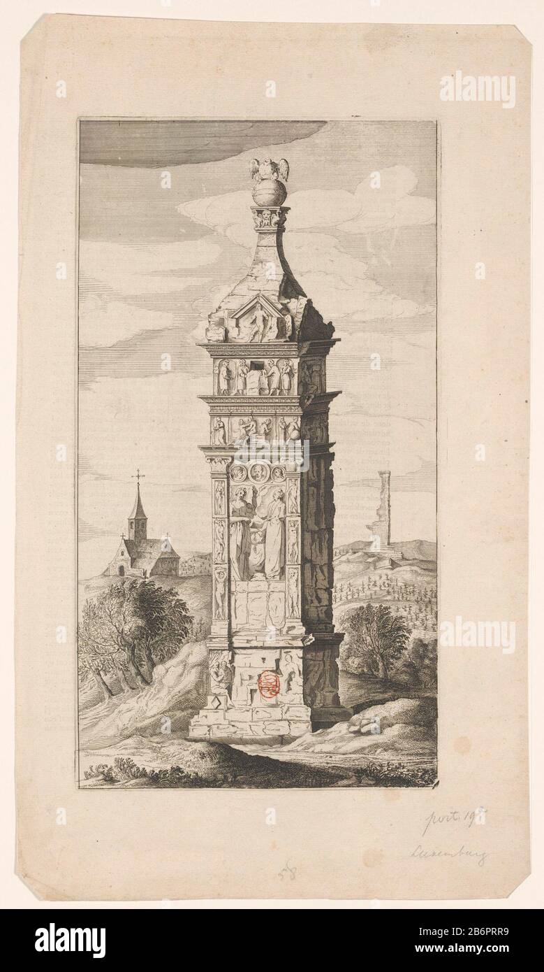 Gezicht op de Zeuil van Igel vue de la colonne d'Igel. Dans la colonne une scène avec un homme et une femme tant que le mariage des parents de Constantin le Grand. Cette mauvaise interprétation a causé la protection de l'église du pilier et n'a jamais été démolie. Avec texte en néerlandais verso. Fabricant : printmaker: Éditeur anonyme John Willemszoon Blaeu Lieu de fabrication: Amsterdam Date: 1652 Caractéristiques physiques: Gravure et engrama; avec du texte dans la typographie sur le verso matériau: Technique du papier: Gravure / engrama (impression) / impression typographique taille: Bord: H 415 mm × W 225 mmToelichtPrent Banque D'Images