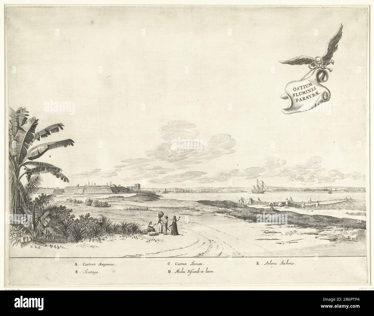 Gezicht op de forten aan de monding van de Paraiba, CA 1636-1644 Ostium fluminis Paraybae (objet titel op) vue des forts à l'embouchure du Rio Paraiba, CA. 1636-1644. Bon aller pêcher avec leurs filets dans l'eau. Dans le ciel, une bande aidée avec le titre. Dans la légende expliquant les lettres A-E de Latijn. Fabricant : printmaker Jan van Brosterhuyzennaar dessin: Frans Jansz. Fabrication de La Place postale: Pays-Bas Date: 1645 - 1647 Caractéristiques physiques: Gravure et engrement: Technique du papier: Gravure / engra (procédé d'impression) mesures: Bord de la plaque: H 394 mm × W 513 mm Banque D'Images