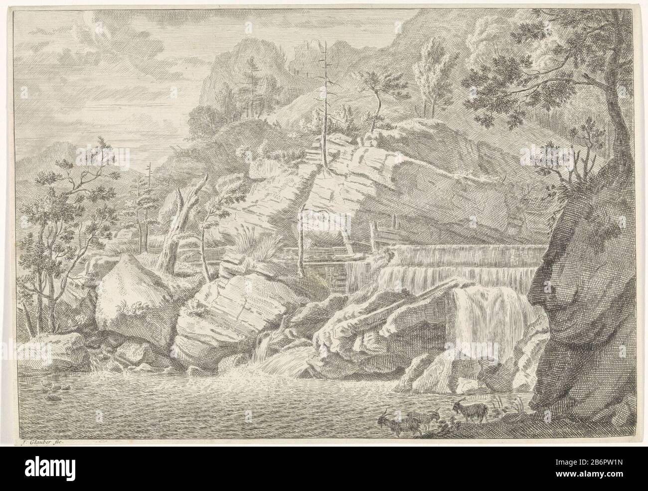 Gezicht op de grote waterval van Chartreuse Landschappen in het Chartreuse-gebergte (serietitel) vue sur les grandes chutes de Chartreuse. En arrière-plan le massif. L'imprimé fait partie d'une série de paysages de montagne dans la Chartreuse-gebergte. Fabricant : printmaker John Glauber (bâtiment classé) Editeur: Johannes Glauber Lieu de fabrication: Inconnu Date: 1656 - 1726 Caractéristiques physiques: Matière de gravure: Technique du papier: Gravure Dimensions: Feuille: H 231 mm × W 329 mm Objet: Cascade où: DauphinesMassif de la Chartreuse Banque D'Images