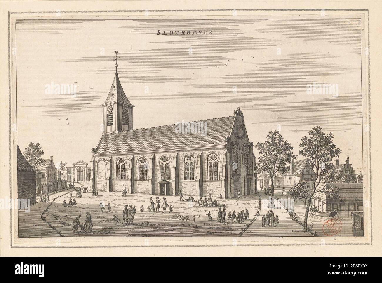 Gezicht op de kerk te Sloterdijk Sloterdyck (objet titel op) vue de l'église à Sloterdijk, avec auparavant de nombreuses figures et droit kanaal. Fabricant : printmaker Jacob van Meurs (possible) éditeur: Jacob van Meurs (possible) éditeur Joachim Nosche (possible) Lieu de fabrication: Amsterdam Date: 1663 - 1664 matériau: Technique du papier: Dimensions de gravure: Bord de la plaque: H 189 mm × W 296 mmToeliechtHuidige état d'impression utilisé dans: Dapper, Olfert. Historique Beschry der stadt Amsterdam waer dans des histoires de voornemste (après un court verhael de Gansch Hollant et d'omeggende villages (...) Amster Banque D'Images