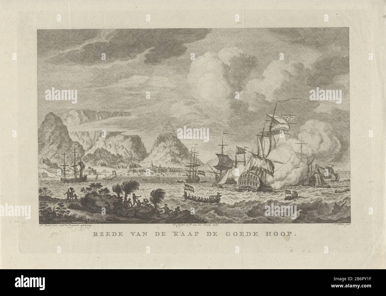 Gezicht op de rede van Kaap de Goede Hoop Sight sur les routes du Cap de Bon espoir Où: Navires à une courte distance de la côte liggen. Fabricant : printmaker Simon Fokke (propriété cotée) au dessin: Hendrik Kobell (bâtiment classé) éditeur: Peter Conradi (bâtiment classé) éditeur: Volkert van der Post (inscrit sur l'objet ) Lieu de fabrication: Printmaker: Amsterdam Editeur: Harlingen Dating: 1768 - 1794 Caractéristiques physiques: Matière de gravure: Technique du papier: Dimensions de gravure: Edge plate: H 210 mm × W 304 mm Objet : navire sur les routes, route où cap of Good Hope Banque D'Images