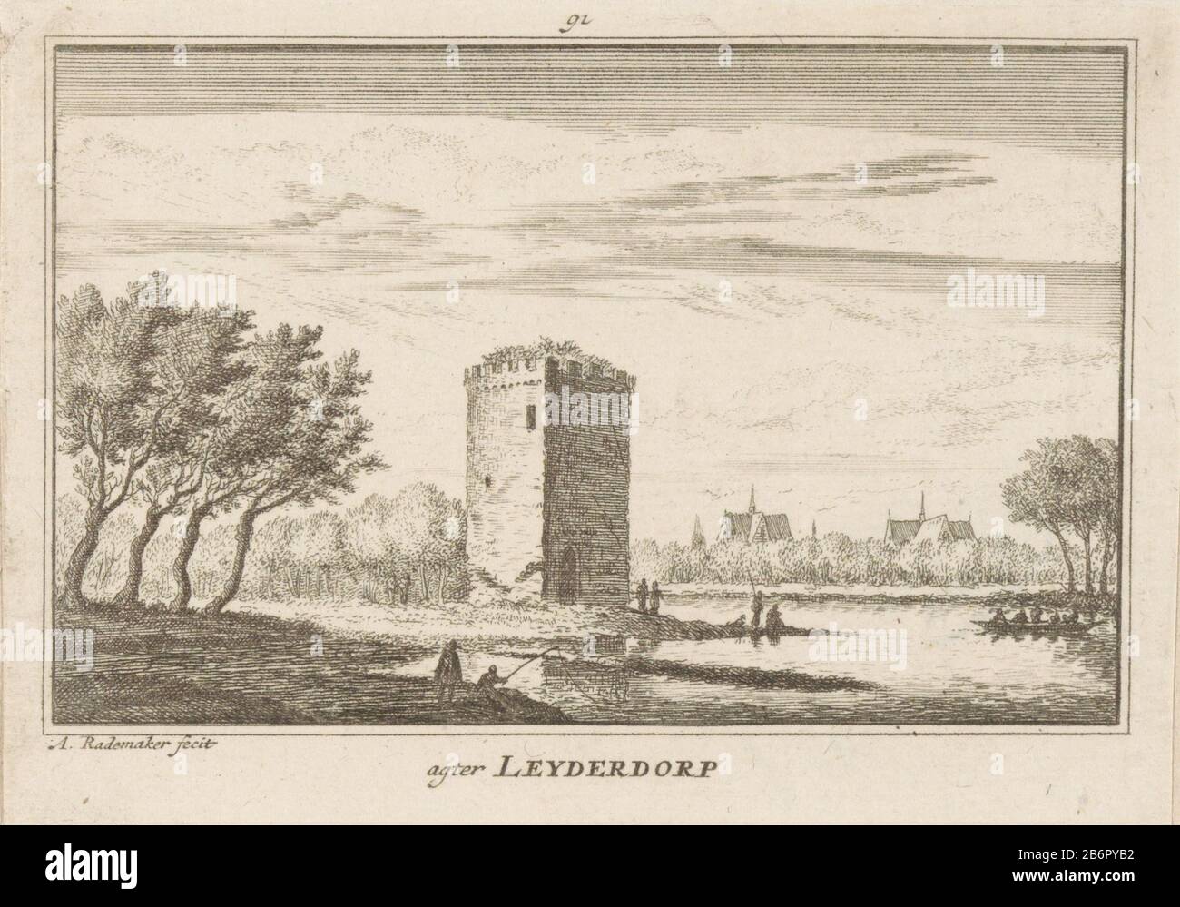 Gezicht op een gedeelte van de ruïne van Huis ter Mey bij Leiderdorp. Op de  achtergrond de contenouren van Leiden. Fabricant : Plentmaker: Abraham  Rademaker (vermeld op object)Plaats fabriquent: Amsterdam Dating: 1725 -