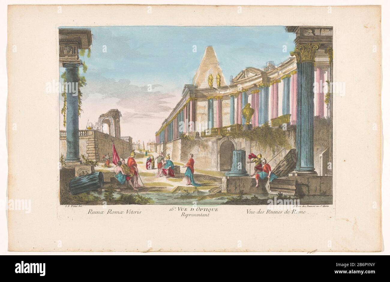 Les fragments sont des figures. En arrière-plan se trouve un obélisque sur un carré. Dans le numéro intitulé 16. Fabricant : Editeur: Jean-François Daumont (bâtiment classé) printmaker: Anonyme au dessin: Giovanni Paolo Panini (propriété cotée) Lieu de fabrication: Éditeur: Paris auteur: France Date: 1745 - 1775 Caractéristiques physiques: Matière de gravure colorée : aquarelle en papier technique: Gravure / brosse dimensions: Bord de la plaque: H 264 mm × W 372 mm Objet: Paysage avec des ruines (+ ville (-paysage) avec des chiffres, staffage) colonneobelisk, aiguille (+ ville (-paysage) avec des chiffres, staffage) Où Rome Banque D'Images