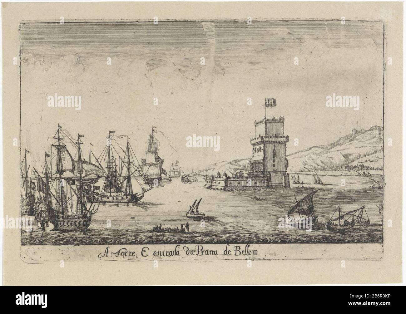 Vue sur la tour carrée de Belém, avec drapeau sur le toit, à Lisbonne. Sur l'eau de la rivière Tage naviguer autour de la tour zeilschepen. Fabricant : printmaker Dirk Stoop Place fabricación: Lisbon Date: 1662 Caractéristiques physiques: Matériel de gravure: Technique du papier: Gravure Dimensions: Bord de la plaque: H 150 mm × W 223 mm Objet: Tour, tour d'horlogerie  monumental adormentvoile-navire, voilier où: Torre de Belém Banque D'Images
