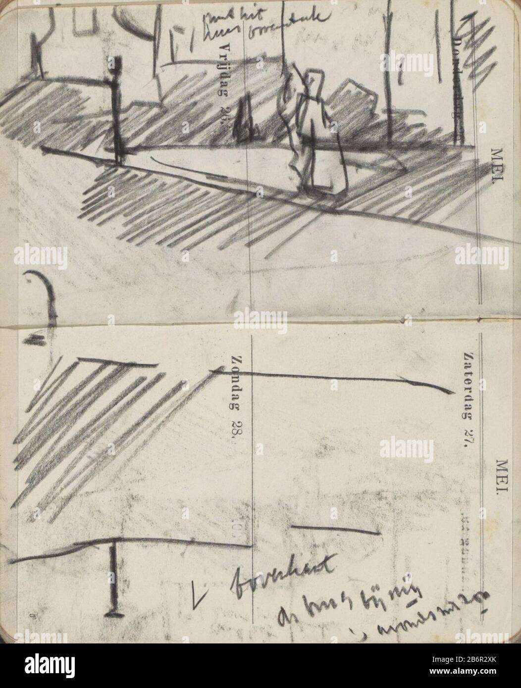 Gezicht op een brug over de Lauriergracht te Amsterdam vue d'un pont au-dessus de la propriété Lauriergracht Amsterdam Type: Sketchbook sheet No. D'art.: RP-T-1924-90-95 Inscriptions / marques: Annotation manuscrite 'top / pont avec moi / soir avec soleil ' note manuscrite description: Éventuellement le pont à la rue Hazen. Sur le pont, une figure. Page 95 et page 96 d'un comme sketchbook utilisé calendrier avec 108 bladen. Fabricant : artiste George Hendrik Breitner Lieu de fabrication: Amsterdam Date: 1893 Caractéristiques physiques: Noir craie matériau: Papier Sujet craie: Pont en ville en face Banque D'Images