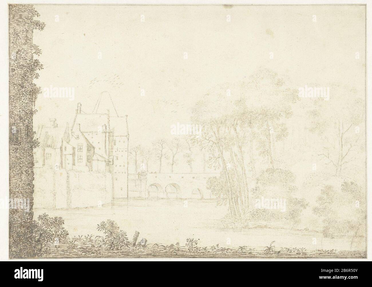 Gezicht op een kasteel vue d'un château, allongé dans l'eau; à droite un boomgroep. Fabricant : artiste Jan van Brosterhuyzen Dating: 1606 - 1650 Caractéristiques physiques: Stylo en matière marron: Encre papier technique: Stylo Dimensions: H 185 mm × W 261 mm Banque D'Images