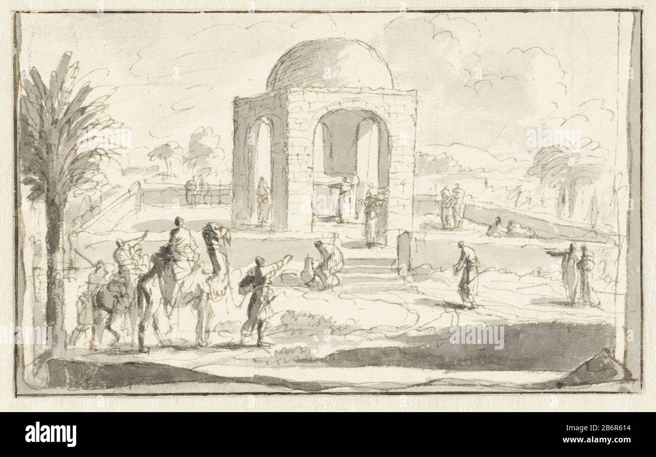 Gezicht op een moskee de tempel dans de westijn Projet Possible prent. Fabricant : artiste: Jan Luyken Date: 1660 - 1712 Caractéristiques physiques: Stylo en marron, pinceau en gris: Technologie d'encre de papier: Dimensions stylo / pinceau: H 101 mm × W 164 mm Sujet: Temple désert, sanctuaire  Islam Mohammadanismtemple, sanctuaire  religion non-chrétienne Banque D'Images