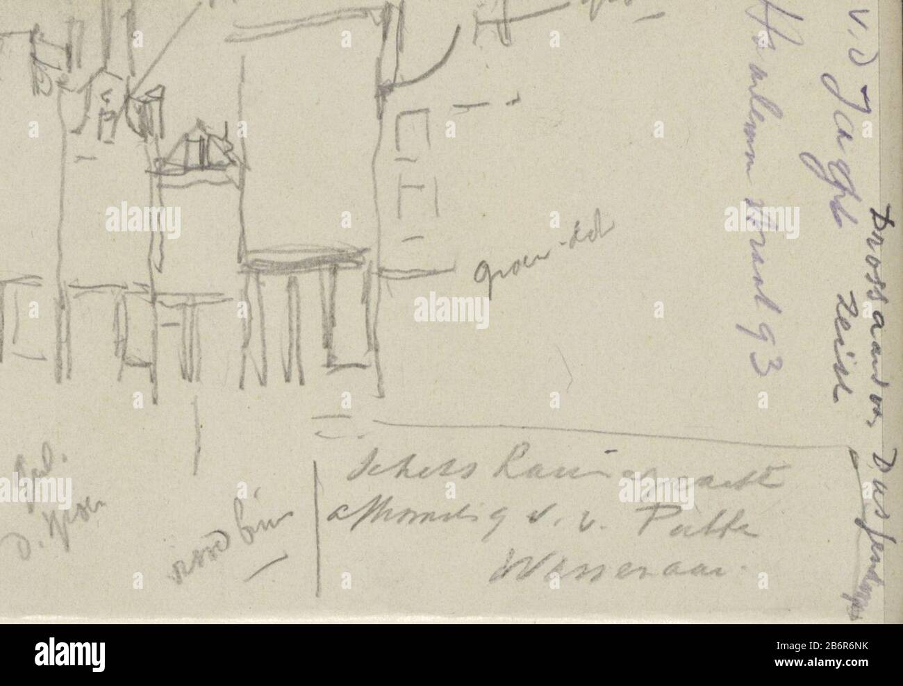 Gezicht op een rij gebouwen, mogelijk aan de Lauriergracht te Amsterdam vue d'une rangée de bâtiments, possibilité Lauriergracht Amsterdam Type de bien: Carnet d'esquisses Numéro d'article: RP-T-1924-73-3 Inscriptions / marques: Annotation manuscrite 'Drossaard Dusseldorp / v.de Jaght Zeist / Haarlemm. Street 93 / Sketch Lauriergracht / origin vv Patte / Wassenaar'kleurnotitie Description manuscrite: Page 3 d'un croquis avec 43 bladen. Fabricant : artiste George Hendrik Breitner lieu de fabrication: Amsterdam (possible) Date: CA. 1915 - ca. 1916 physique [?] Caractéristiques: Crayon matériel: Papier crayon Banque D'Images
