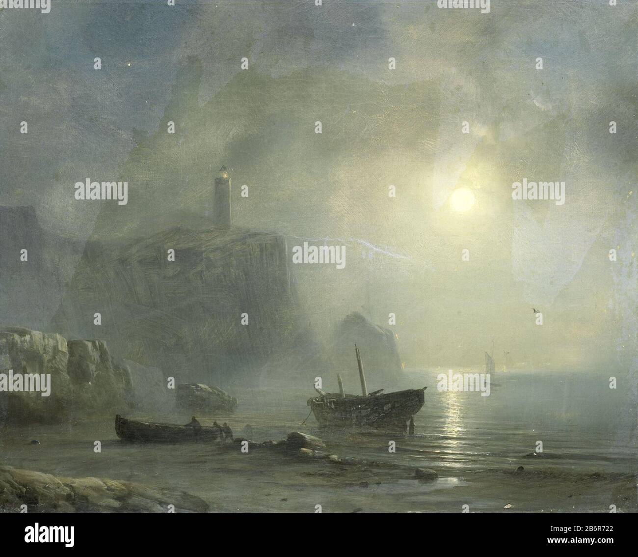 Gezicht op een rotschtige kust bij maanlicht, SK-A-2832 vue d'une côte rocheuse à la lune. Sur les rochers de l'État côtier a quitté un phare. Certains hommes poussant un bateau sur la plage, flottant dans l'eau délabré vissersboot. Fabricant : Painter: Théodore Gudin (attribué à) Date: 1830 - 1880 Caractéristiques physiques: Huile sur toile matériau: Toile d'huile Dimensions: Support: H 42 cm. B × 51 cm. Taille externe : 7 cm d. (Support avec SK-L-3218.) Banque D'Images
