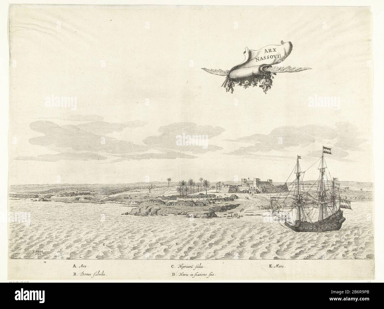 Gezicht op fort Nassau, CA 1636-1644 Arx Nassouii (objet op titel) vue du fort Nassau, CA. 1636-1644. Dans le ciel, une bande aidée avec le titre. Dans la légende expliquant les lettres A-E de Latijn. Fabricant : printmaker Jan van Brosterhuyzenprentmaker: Salomon Saverynaar dessin de Jansz français. Post (inscrit sur l'objet) Lieu de fabrication: Pays-Bas Date: 1645 - 1647 Caractéristiques physiques: Gravure et engrama matériel: Technique du papier: Gravure / engrama (impression) Commentaires Imprimer utilisé: Caspar Barlaeus, Rerum per octennium à Brasilia et alibi Nuper gestarum sub praefectura J. Maurici , Nas Banque D'Images