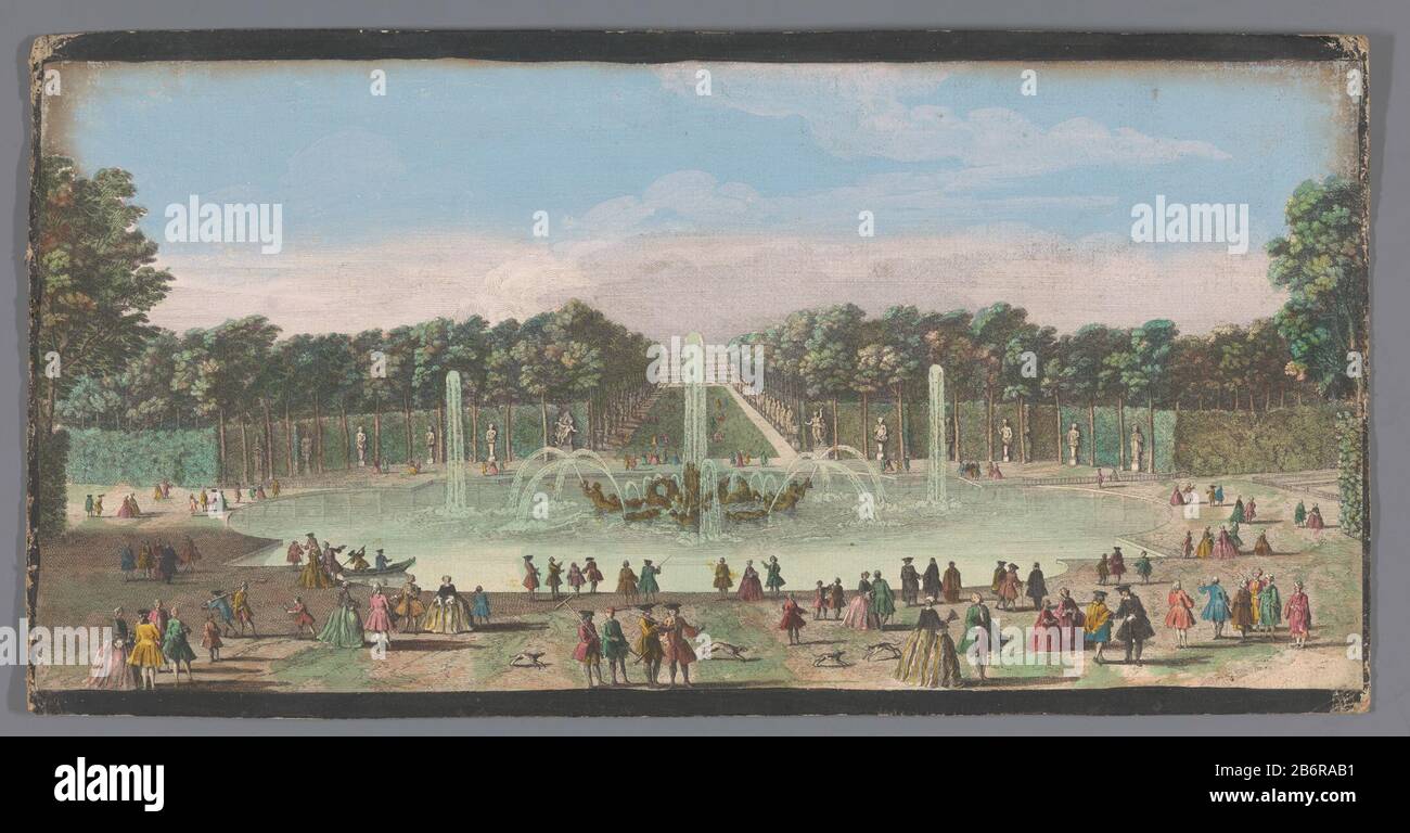 Gezicht op het bassin d'Apollon dans de Tuin van Versailles le bassin d'Apollon (objet titel op) À de ondermarge twee regels danse tekst. Fabricant : uitgever: Anoniemprentmaker: Jacques Rigaud (mogelijk)verlener van Privilege: Lodewijk XV (koning van Frankrijk) (vermeld op object)Plaats fabricación: Parijs Dating: 1700 - 1799 Physical kenmerken: Ingekleurde ets geplakt op karton Material: Paper karton veredgen (Tofgesen): 242 mm: jardinengarden fontaingarden ornement plantes ornementales Banque D'Images