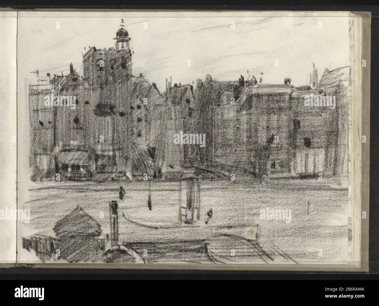 Gezicht op het Damrak te Amsterdam a rencontré een bouwput Page 110 d'un croquis avec 72 bladen. Fabricant : artiste: William Witsenplein Lieu de fabrication: Amsterdam Date: CA . 1904 - c 1905 Caractéristiques physiques: Craie noire matière: Craie de papier Sujet: Canaux, eau (en ville) architecture civique; édifices; dwellingsbuilding site où: Damrak Banque D'Images