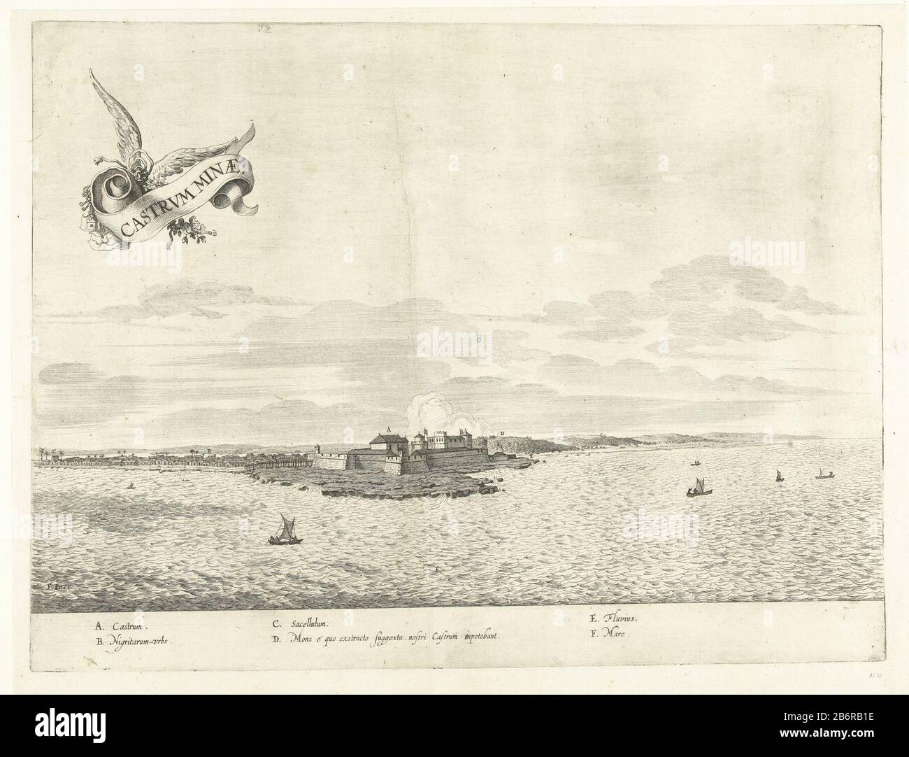 Gezicht op het fort Elmina, CA 1636-1644 Castrum Minae (objet titel op) vue de fort Elmina au Ghana, CA. 1636-1644. En haut à gauche un groupe à ailes avec le titre en latin. Dans la légende expliquant les lettres A-F de Latijn. Fabricant : printmaker Jan van Brosterhuyzennaar dessin: Frans Jansz. Post (listée sur l'objet) Lieu de fabrication: Pays-Bas Date: 1645 - 1647 Caractéristiques physiques: Gravure et engrama matériau: Technique du papier: Gravure / engrama (procédé d'impression) Dimensions: Bord de la plaque: H 385 mm × W 510 mmToeliechtngent utilisé: Caspar Barlaeus, Rerum per octennium à Brasilia et alibi Nuper gesta Banque D'Images
