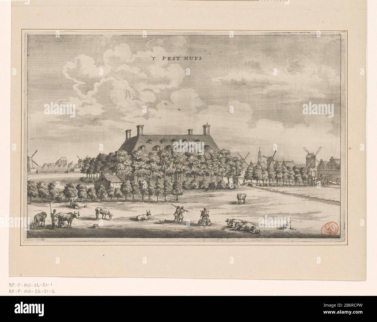 Gezicht op het Pesthuis (Buitengasthuis) bij Amsterdam 't Pest huys (objet titel op) vue de la Maison Pest, également connue sous le nom de l'hôpital extérieur, situé à l'extérieur des murs de la ville d'Amsterdam. En arrière-plan la stad. Fabricant : printmaker Jacob van Meurs (possible) Editeur: Jacob van Meurs (possible) Editeur: Joachim Nosche (possible) Lieu de fabrication: Amsterdam Date: 1663 - 1664 matériau: Technique du papier: Gravure / engrara (processus d'impression) Dimensions : bord de la plaque: H 195 mm × W 299 mmToeliechtingHuidige état d'impression utilisé dans: Dapper, Olfert. Historique Beschry der stadt Amsterdam serveur i Banque D'Images
