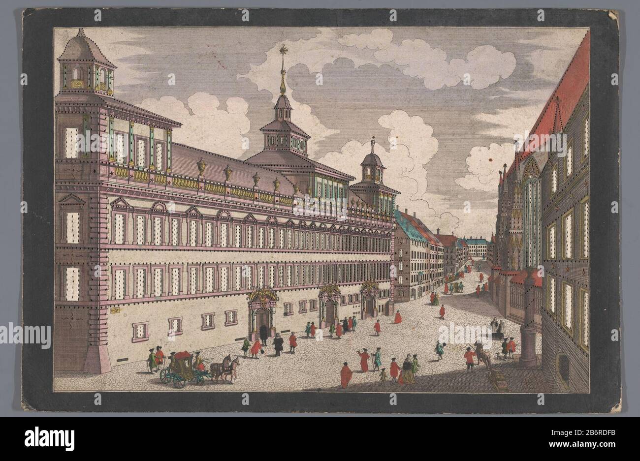 Gezicht op het Stadhuis te NeurenbergDas Rathhauß zu Nürgegen dem Marckt Type d'objet : prent opticaprent Objectnummer: RP-P-OB-208.213 Fabricant : uitgever: Georg Balthasar Probst (mogelijk)prentmaker: Anoniemnaar prent van: Johann Delperekeren Plauiten, 17hützen: Geprepareerd paper en penseel in kleuren op het verso matériel: Paper karton geprepareerd paper waterverf dekverf Techniek: Etsen / penseel / snijden / perforeren Dimensions: Blad Banque D'Images