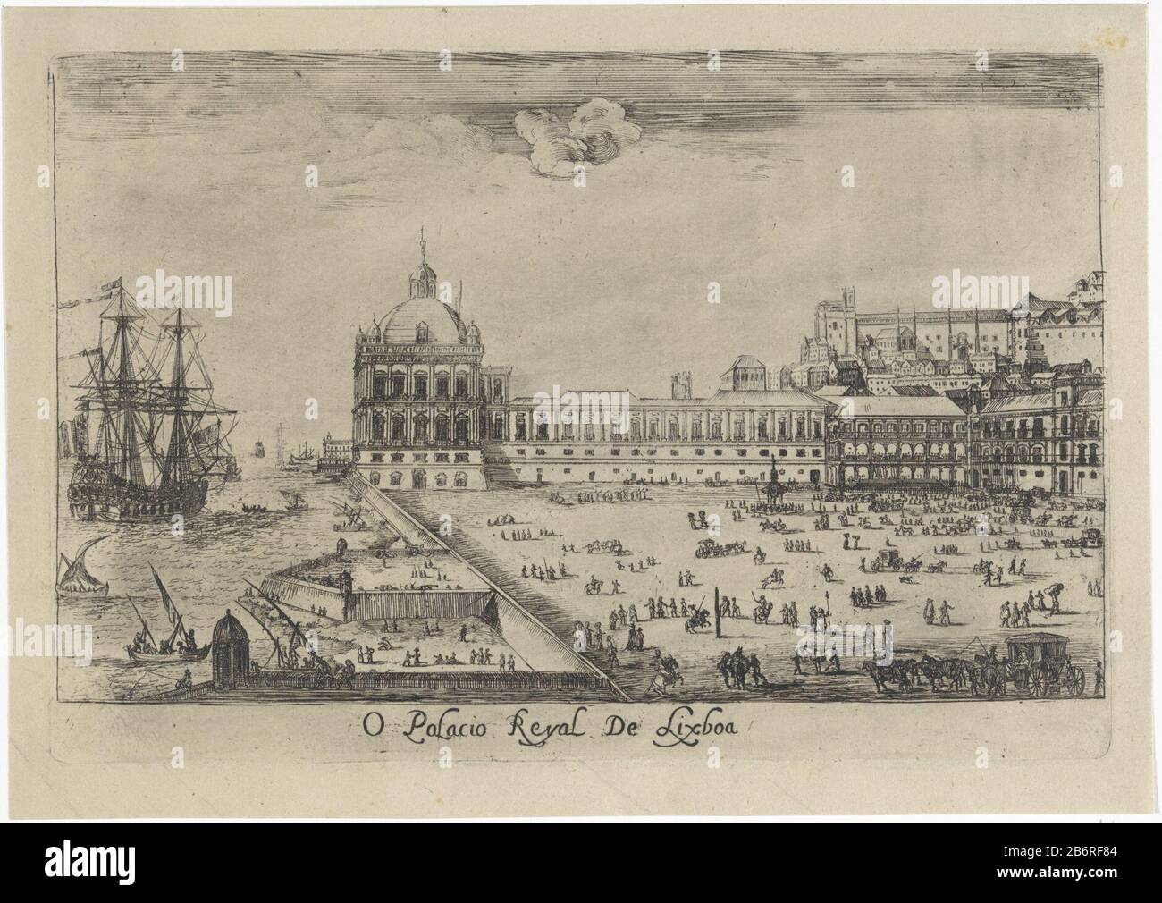 Gezicht op het koninklijk paleis te Lissabon O Palacio Reyal de Lixboa (objet titel op) Gezichten op Lissabon (servietitel) le palais royal de Lisbonne situé sur une grande place et le Tage. Sur la place giguren et les autocars. Sur l'eau, un grand zeidschip. Fabricant : Print maker: Dirk stoop Lieu de fabrication: Lisbonne Date: 1662 Caractéristiques physiques: Matière de gravure: Technique du papier: Dimensions de gravure: Bord de la plaque: H 153 mm × W 227 mm Objet: Vue sur la ville du Palais en général; 'Veduta'sailing-ship, voilier où: Lisbonne Banque D'Images
