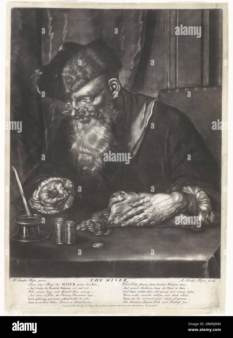 Gierigaard The Miser (objet titel op) un grijgaard barbu est assis derrière une table et compte des pièces. Sur son nez il a un pince-nez et sur la tête un muts. Fabricant : printmaker Andreas van der Myn (propriété listée) à peindre par Herman van der Mon (bâtiment listé) Editeur: Thomas & John Bowles (objet listé) Lieu de fabrication: Angleterre Date: 1724 - 1800 Caractéristiques physiques: Mezzotint et engrala matière: Papier technique: Mezzotint / engraa (processus d'impression) Dimensions: Bord de la plaque: H 348 mm × W 247 mm Objet : lunettes de mauvaise dimension, lunettes Banque D'Images