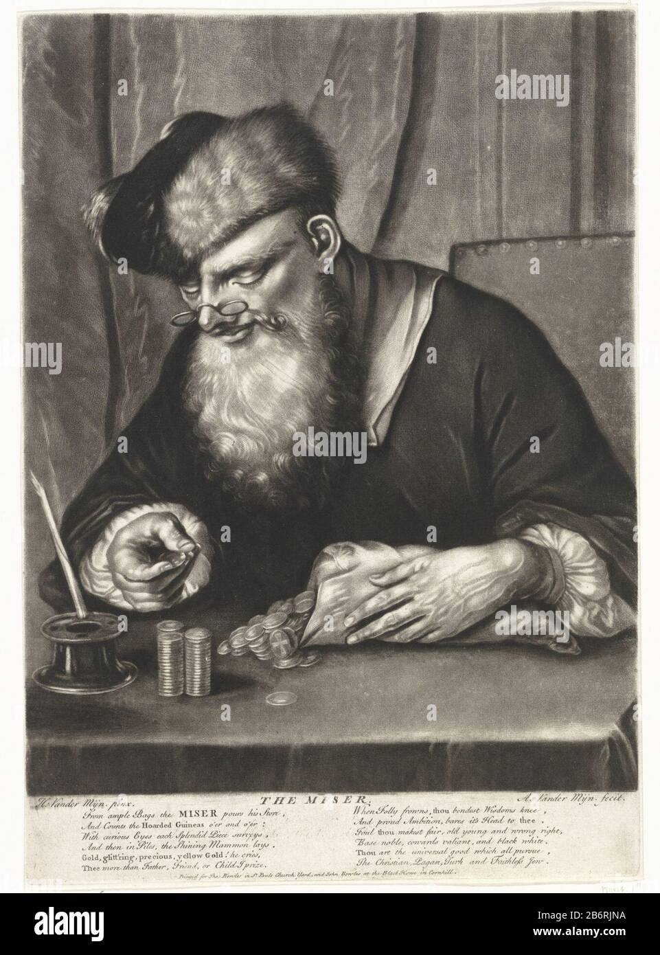 Gierigaard Le Miser (objet op titel) un vieil homme barbu assis à une table et compte des pièces. Sur son nez il a un pince-nez et sur la tête un muts. Fabricant : printmaker Andreas van der Myn (propriété listée) à peindre par Herman van der Mon (bâtiment listé) Editeur: Thomas & John Bowles (objet listé) Lieu de fabrication: Angleterre Date: 1724 - 1800 Caractéristiques physiques: Mezzotint et engraa matériau: Papier technique: Engraa (processus d'impression) / mezzotint dimensions: Bord de la plaque: H 348 mm × W 247 mm Objet : lunettes de mauvaise dimension, lunettes Banque D'Images