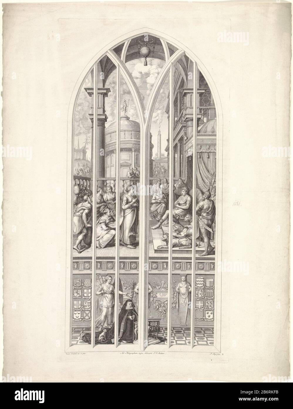 Glasraam 5 à de Sint-Janskerk te Gouda Bezoek van de koningin van Seba aan Salomo Goudse glaçen (servietitel) la cinquième fenêtre de verre dans l'église Saint-Jean à Gouda avec l'idée de la visite de ​​the de la reine de Sheba au roi Salomon. La Reine de Sheba semble sur le trône de Salomon derrière elle l'a causée par des cadeaux. Au bas du donneur de la fenêtre de verre, Elburga Boetzelaer de, et derrière lui l'archange Gabriël. Fabricant : Print Maker: Pieter Tanjé (indiqué sur l'objet) à dessin de: Julius Caesar Boëtius (indiqué sur l'objet) à un dessin de: Wouter Pietersz. Crabeth (I) (illustré Banque D'Images