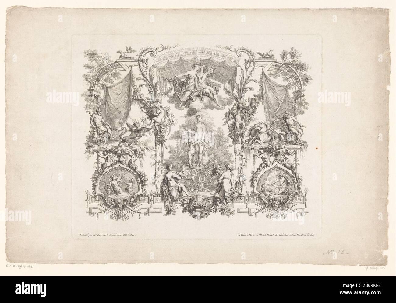Gobelin a rencontré Vénus, Pluton en Neptunus Design pour une tapisserie représentant différents dieux dans un paysage avec un belvédère. Au centre se trouve Vénus sur un piédestal, elle est entourée de putti avec des trophées, une déesse avec un lion, des Cérès et au-dessus de la flore de Zephyros et s'assoit sur des nuages. Pluton s'est assis sur un char tiré par deux chiens enfer. Sous une photo de Bacchus et un satyr. Neptune droit assis sur un char dessiné par hippocampi. Sous une photo d'un vieil homme qui se réchauffe à un vur brûlant. Fabricant : printmaker Charles Nicolas Cochin (I) (bâtiment classé) printmaker Charles Nicolas Cochin (II) (li Banque D'Images