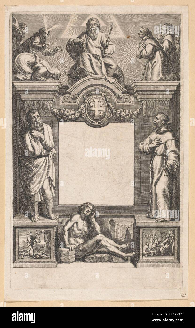 Dieu omringd porte bijbelse figuren en heilige Dieu le Père s'est entronisé sur un piédestal, avec sceptre et livre dans ses mains. A Gauche Moïse, Aaron Et Zachararias. Des représentants de droite des ordres mendiants. Au milieu d'un champ blanc pour le titre du livre. Au-dessus d'une arme avec une grande croix grecque et quatre plus petits kruizen. Fabricant : printmaker Cornelis Galle (I) conçu par Peter Paul Rubens (attribution rejetée) pour rédiger Erasmus Quellinus (II) Fabrication De Lieux: Pays du sud des Pays-Bas Date: 1637 - 1639 Caractéristiques physiques: Engraa, épreuvage de la lettre matériel: Papier technique: Engrala (printi Banque D'Images