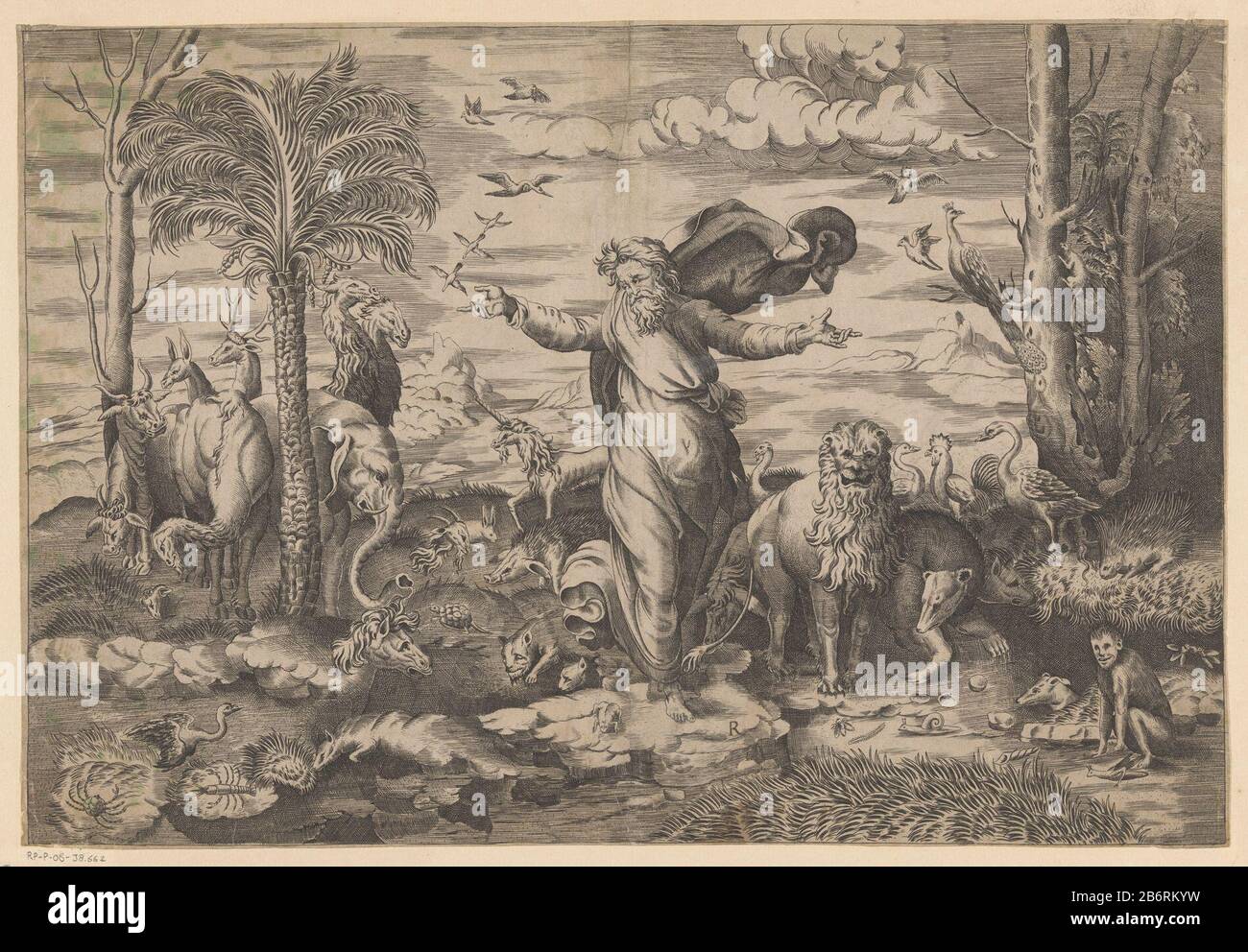 Dieu schept de dieren op het Land Dieu, een oude man met baard, staat in een landschap tussen verschillende dieren die hij zojuist geschapen heeft. Fabricant : protmaker: Anoniemnaar schildering van: RafaëlPlaats fabrication: Protmaker: Italiënaar schildering van: Vaanstad Dating: 1540 Physical kenmerken: Gravire Material: Paper Techniek: Graveren (drukprocedé) Dimensions: Blad: H 287 mm (binnen plaegen et pafgneed) in Tobeen (het Tobeen an gneed). Objet: Création des animaux  Genèse Banque D'Images