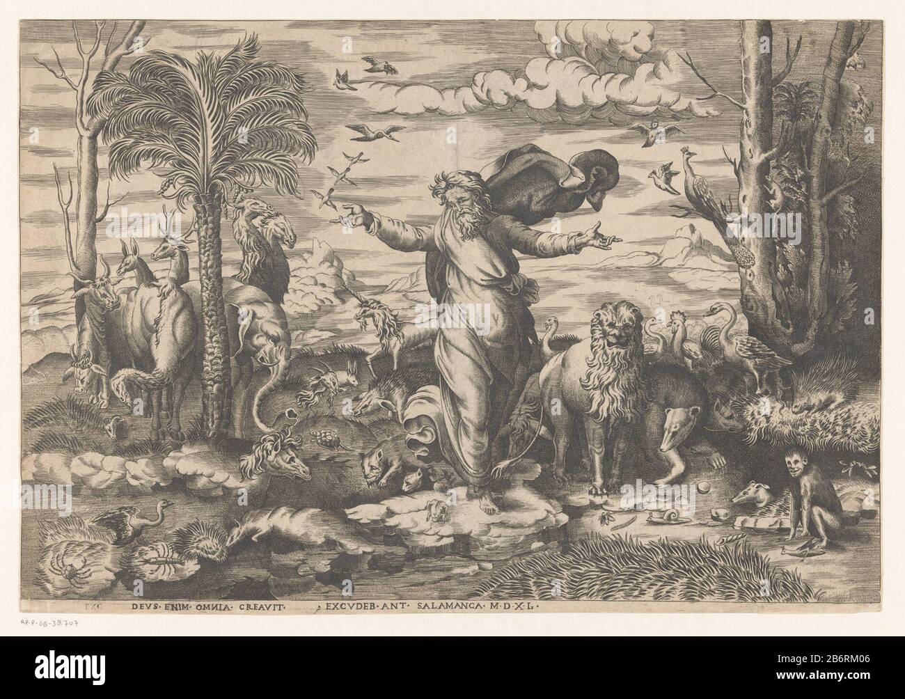 Dieu schept de dieren op het Land Dieu, een oude man met baard, staat in een landschap tussen verschillende dieren die hij zojuist geschapen heeft. Fabricant : protmaker: Anoniemnaar schildering van: Rafaëluitgever: Antonio Salamanca (vermeld op object)Plaats fabricación: Prentmaker: Italiënaar schildering van: Vaticaanstaduitgever: Rome: 1540 kenmerken physique: Gravide Material: Papier Techniek: Graveren (iven) et cornedgien (Anglais): Création des animaux  Genèse Banque D'Images