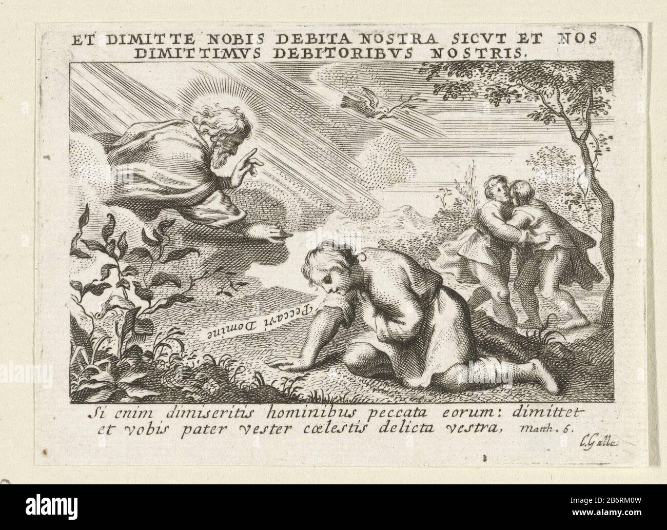 Dieu vergeeft de mens zijn schulden Portrayal d'un verset de Mat. 6.12: Pardonnez-nous nos dettes, comme nous avons également pardonné Qui: Nous quelque chose dû. Un homme s'agenouille devant Dieu le Père assis sur un nuage et prie pour le pardon. En arrière-plan, deux hommes se embrassent. Une colombe de paix avec une branche d'olive dans son bec vole à l'orteil des hommes. Fabricant : printmaker Cornelis Galle (II) (bâtiment classé) printmaker Cornelis Galle (III) (bâtiment classé) Lieu de fabrication: Anvers Date: 1638 - 1678 Caractéristiques physiques: Matière de prise: Technique du papier: Engraa (processus d'impression) Dimensions: Feuille: H 68 mm Banque D'Images