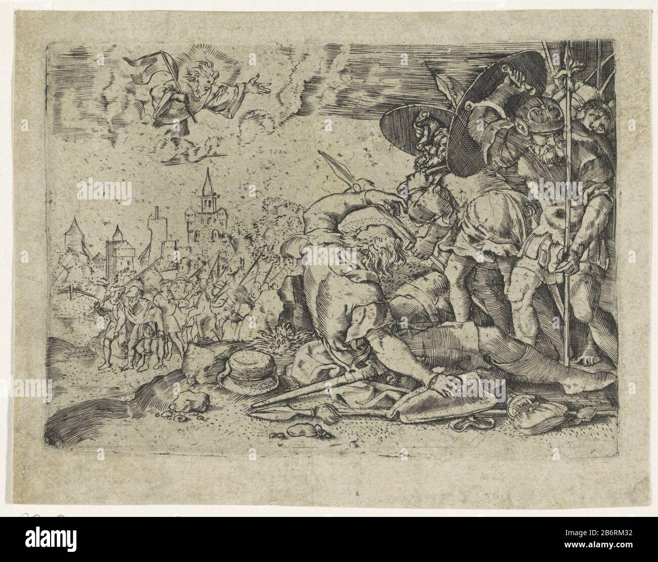 Dieu verschijnt aan de hemel aan soldaten Dieu le Père et le Christ apparaît avec une bannière dans le ciel . Au premier plan, un homme qui fusillade à un groupe de soldats. À côté de lui son chapeau et ses porte-monnaie. En arrière-plan, un groupe d'hommes armés et de la stad. Fabricant : printmaker: Anonyme Date: 1550 - 1700 Caractéristiques physiques: Matériel automobile: Papier technique: Engrala (impression) Dimensions: Bord de la plaque: H 83 mm × W 114 mm Sujet: Dieu Vaderde soldat; la vie d'un soldat et Banque D'Images