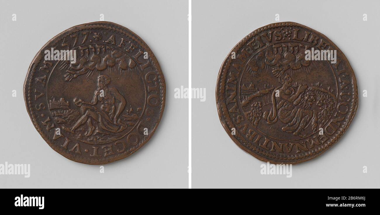 Goddelijke bijstand aan de opstandelingen Koperen penning. Voorzijde: Demi naakte homme, voorstellende profeet Elia, zittend dans laestijn, Banque D'Images