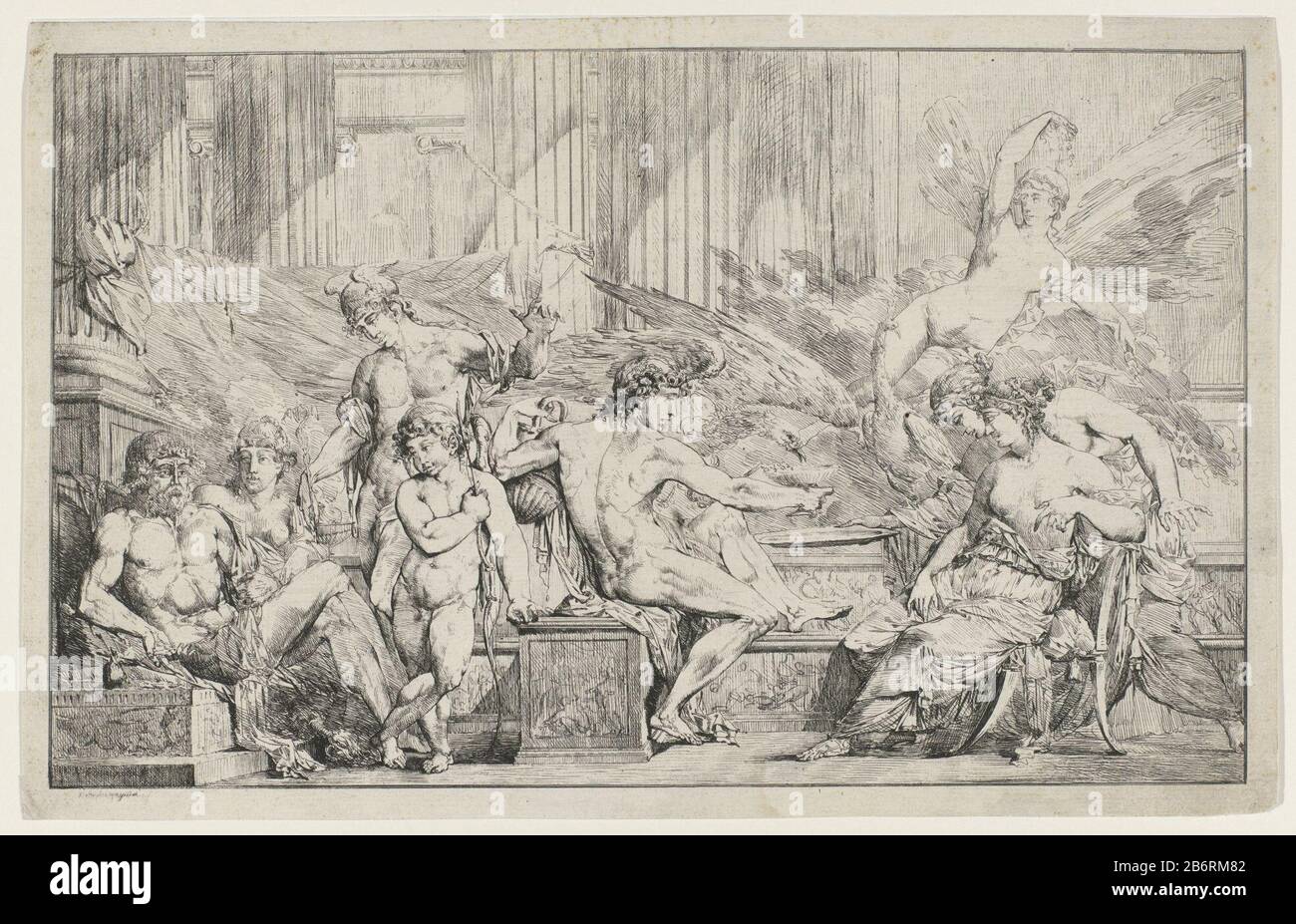 Godenbanket banquet des dieux de gauche à droite, Jupiter et Hera, Mercure, Cupid, Bacchus (qui donne l'aigle de Jupiter et le paon de Hera boire), Iris et deux godinnen. Fabricant : printmaker Philippe Auguste Hennequin (propriété cotée) Date: CA. 1795 - ca. 1798 matériau: Ingénierie papier : dimensions de gravure: Feuille: H 224 mm (bord de la plaque intérieure découpée) × W 352 mm (bord de la plaque intérieure découpée) Sujet tous les dieux Olympiens ensemble: Jupiter, Juno, Neptune, Cérès, Apollo, Diana, Mars, Vénus, Mercure, Minerva, Vulcan, Vesta (ou Bacchus) banquets, fêtes des dieux (en général) Banque D'Images