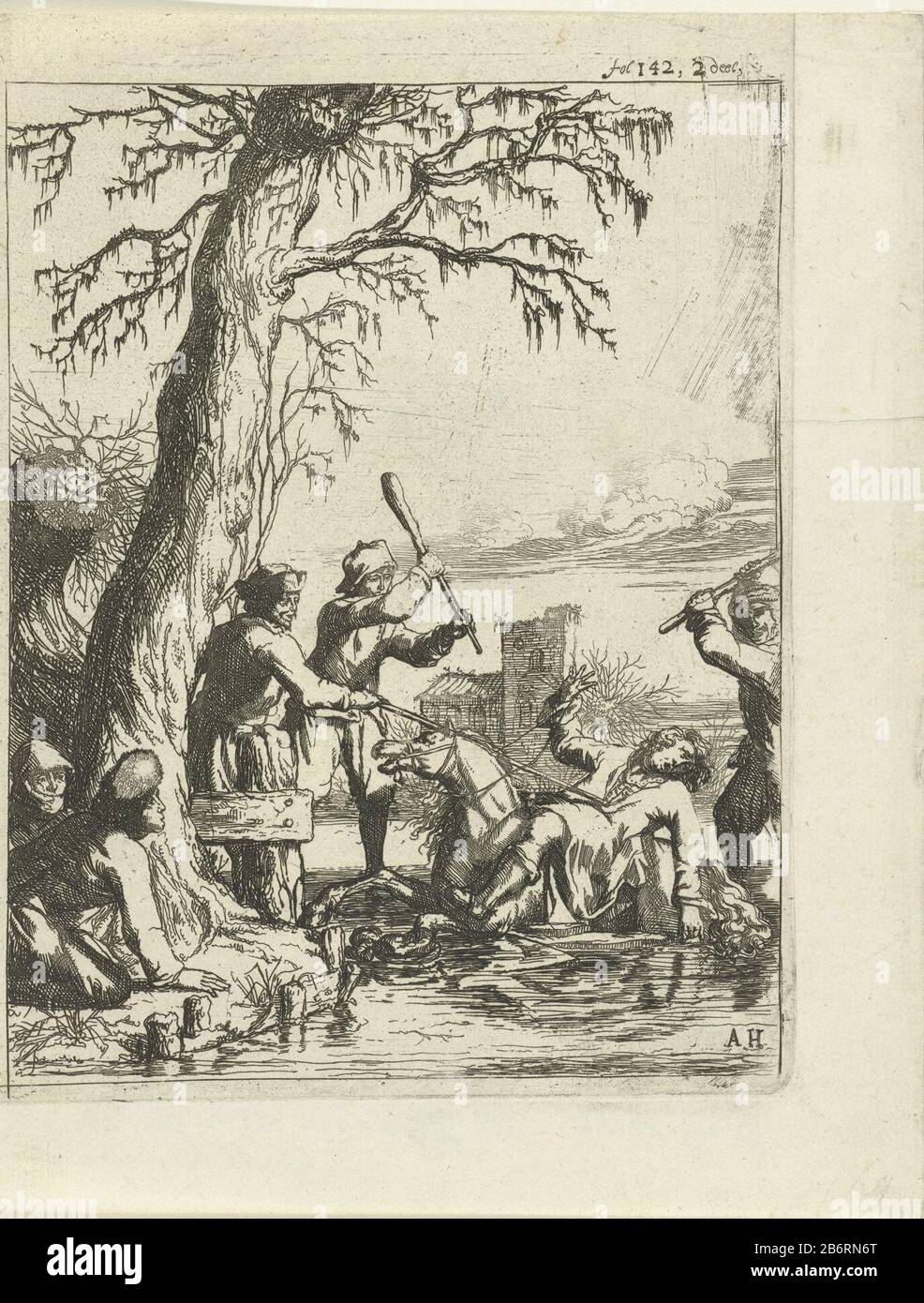 Graaf Willem II zakt bij Hoogwoud DOOR Het ijs, 1256 le comte Willem II tombe à Hoogwoud à travers la glace du lac Birch et est tué par les Frison occidentaux, 21 janvier 1256. Le comte cheval tombe à travers la glace et est battu à mort par les fermiers en colère knuppels. Fabricant : printmaker: Arnold Houbraken (propriété listée) Lieu de fabrication: Nord des Pays-Bas Date: 1681 - 1683 Caractéristiques physiques: Matière de gravure: Technique du papier: Dimensions de gravure: Bord de la plaque: H 178 mm (imprimé à partir d'une plaque plus grande Où: Se tenait sur plusieurs performances) b × 133 mToelielichtingillustratie pour: Lambert van den Bosch Banque D'Images