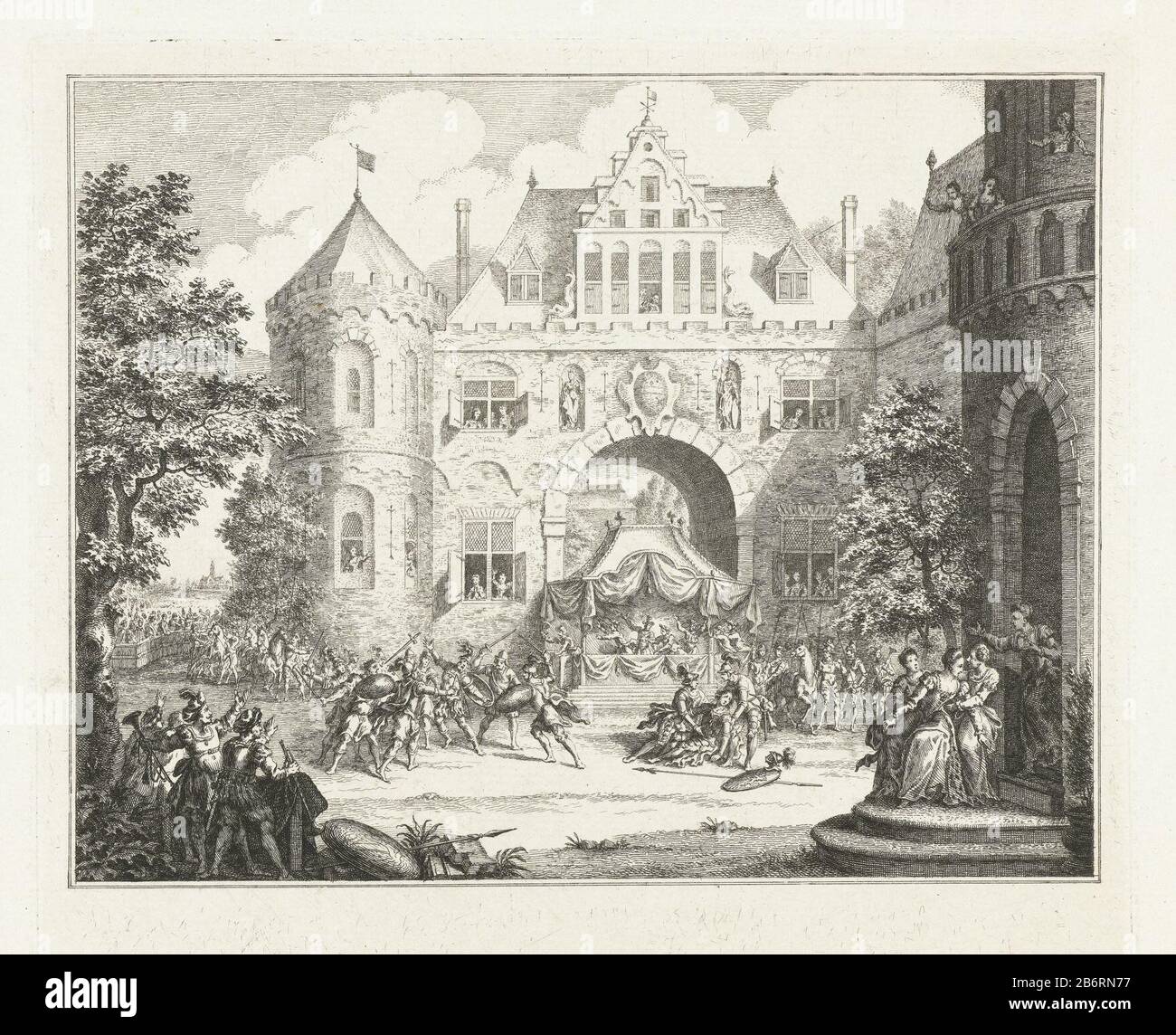 Graaf Floris IV gedood tijdens een steekspel, 1234 comte de Hollande Floris IV slain pendant un joust lors d'un tournoi de joutes à Corbie en France le 19 juillet 1234. Le comte est mortellement blessé sur le terrain pour le château Corbie. Fabricant : printmaker Simon Fokke pour son propre design: Simon Fokke Lieu de fabrication: Pays-Bas Date: 1782 Caractéristiques physiques: Matériel de gravure: Technique du papier: Dimensions de gravure: Bord de la plaque: H 177 mm × W 205 mmToelielichtingillustratie pour: Jan Wagenaar, Vaderlandsche histoire, Amsterdam de 1749 à 1759, 21 pièces. Indiquez avant la lettre. Objet : mort violente, BE Banque D'Images