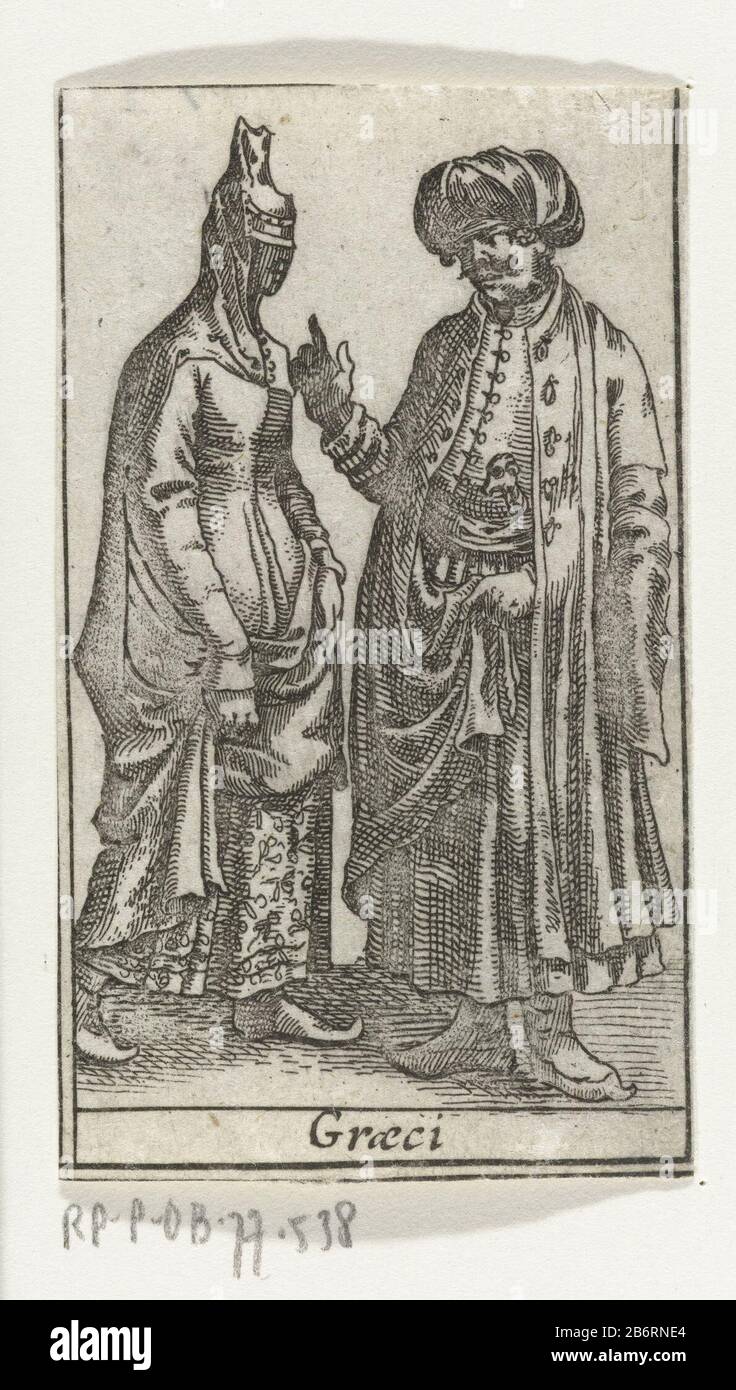 Graeci man en vrouw, gekleed volgens de Griekse mode van CA 1610-'20 Homme et femme debout du devant, vêtu comme la mode grecque autour de 1610-'20. Carte de coupe Europe Blaeu exc. Fabricant : printmaker: Fabrication anonyme: Pays-Bas Date: 1617 matériau: Papier technique: Engrala (impression) Dimensions: H 70 mm (coupe) × W 45 mm (coupe) Sujet: Vêtements, costumes (+ vêtements pour hommes ) Européens (GRECS) (+ costume) Européens (GRECS) (+ un) Européens (GRECS) (+ femmes) Banque D'Images