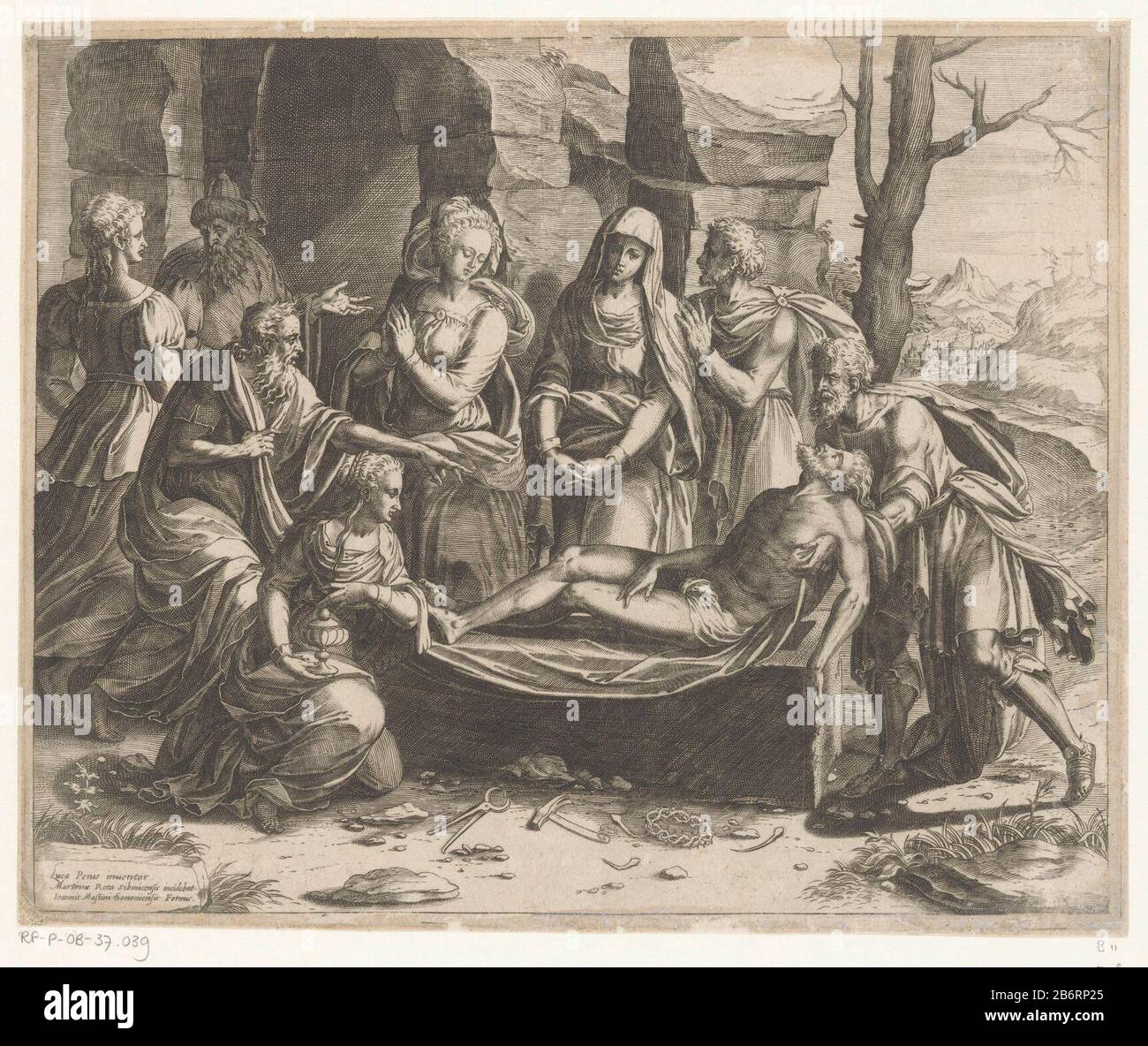 Graflegging Christ est placé dans sa tombe . deuil autour de la tombe Marie, Jean l'évangéliste, Marie Magdalène et d'autres. Au premier plan se trouvent la passiewerktuigen. Fabricant : printmaker: Martino Rota (bâtiment classé), conçu par Luca Penni (bâtiment classé) éditeur: Giovanni Mastino (propriété listée) Lieu de fabrication: Printmaker: Italie À concevoir: Italie Éditeur: Bologne Date 1530 - 1583 Caractéristiques physiques: Matériel automobile: Papier: Technique engraA (processus d'impression) Dimensions: Bord de la plaque: H 224 mm × W 276 mm Objet: L'entombment du Christ (peut-être par des anges) Banque D'Images