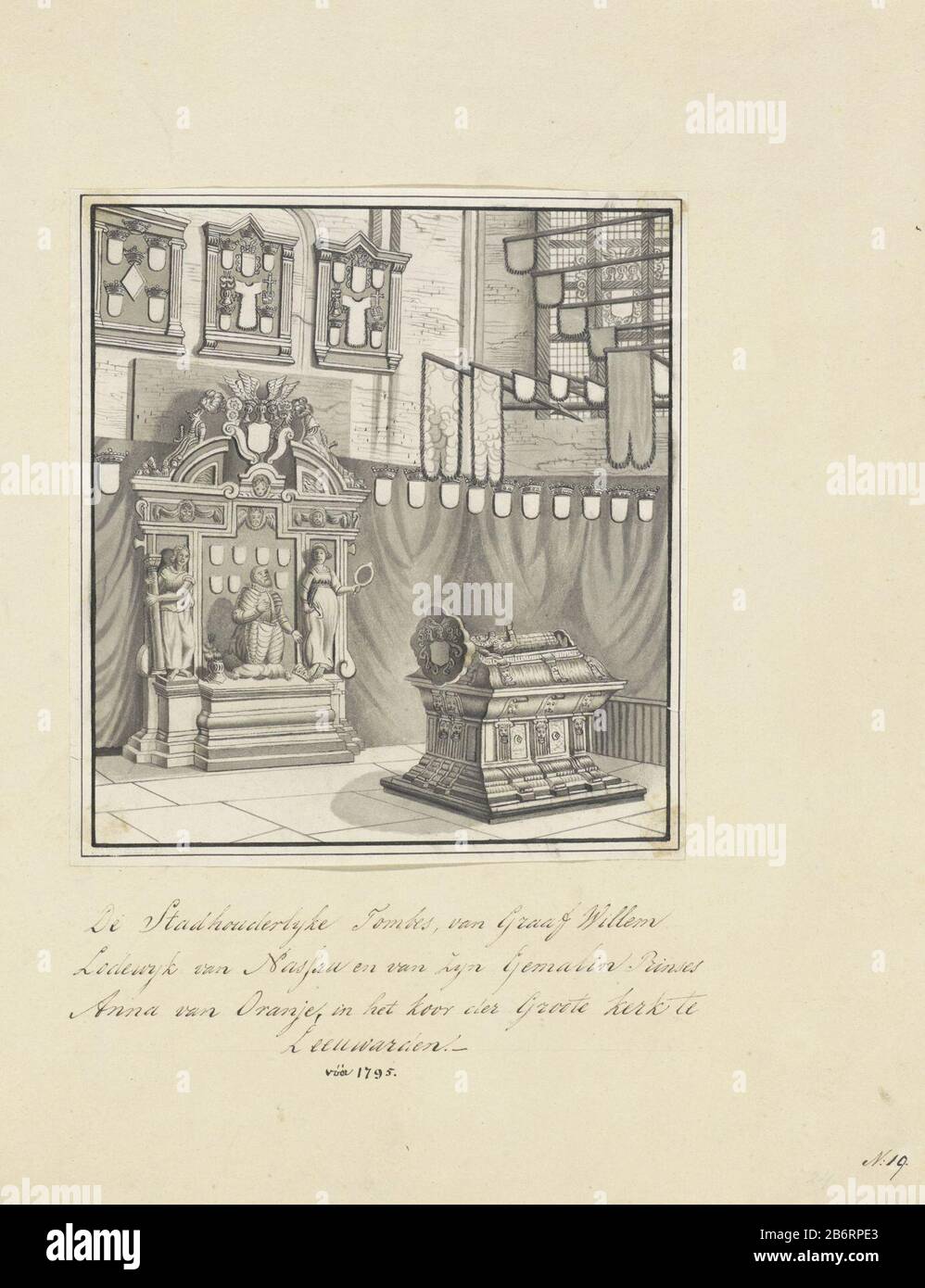 Grafmonument voor Willem Lodewijk, graaf van Nassau-Dillenburg, 1620 Tombeau de William Louis dans la Grote Kerk à Leeuwarden, décédé le 31 mai 1620, enterré le 13 juillet 1620. Vu de l'avant avec l'image du décompte de pétrissage entre Fortitudo et Prudentia. Fabricant : artiste: Fabrication anonyme: Pays-Bas Date: 1700 - 1799 Caractéristiques physiques: Stylo en noir et pinceau en gris: Encre de papier Dimensions: Feuille: H 201 mm × W 184 mm Objet: Tombe, monumental tombFortitude, 'Fortitudo'  un des Quatre Cardinal VirtuesPrudence, 'Prudence' ; 'Prudenza '(Ripa)  un des Banque D'Images