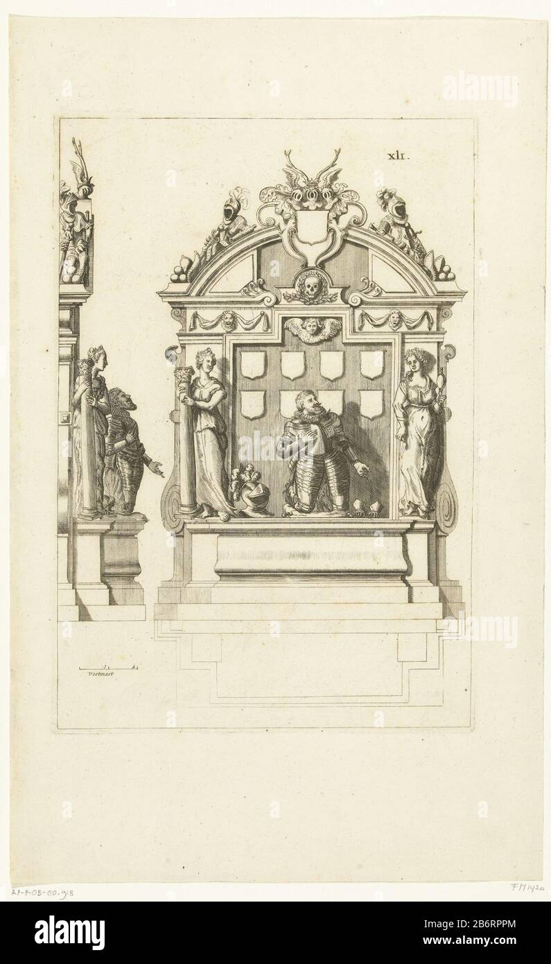 Graftombe van Willem Lodewijk, graaf van Nassau, de Grote Kerk te Leeuwarden, 1620 Tombeau de William Louis, comte de Nassau , décédé le 31 mai 1620, enterré dans la Grote Kerk à Leeuwarden le 13 juillet, 1620. Le tombeau a été conçu par Pieter Hendricksz. De Keyser vu du côté et de l'avant et une carte. Le compte en armure s'agenouillant entre la personnification de la force (Fortitudo) et la mise en garde (Prudentia) . Fabricant : print maker: Anonyme à l'image de: Pieter de Keyser Lieu de fabrication: Northern Netherlands Date: 1629 - 1631 Caractéristiques physiques: Matière de gravure: Technique du papier: Banque D'Images