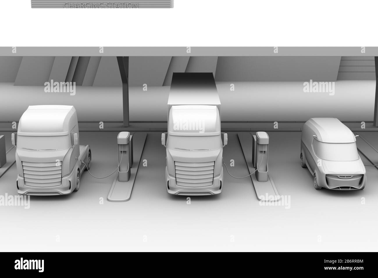 Rendu en argile de la charge De Camion électrique lourd à la station de charge publique. Image de rendu 3D. Banque D'Images