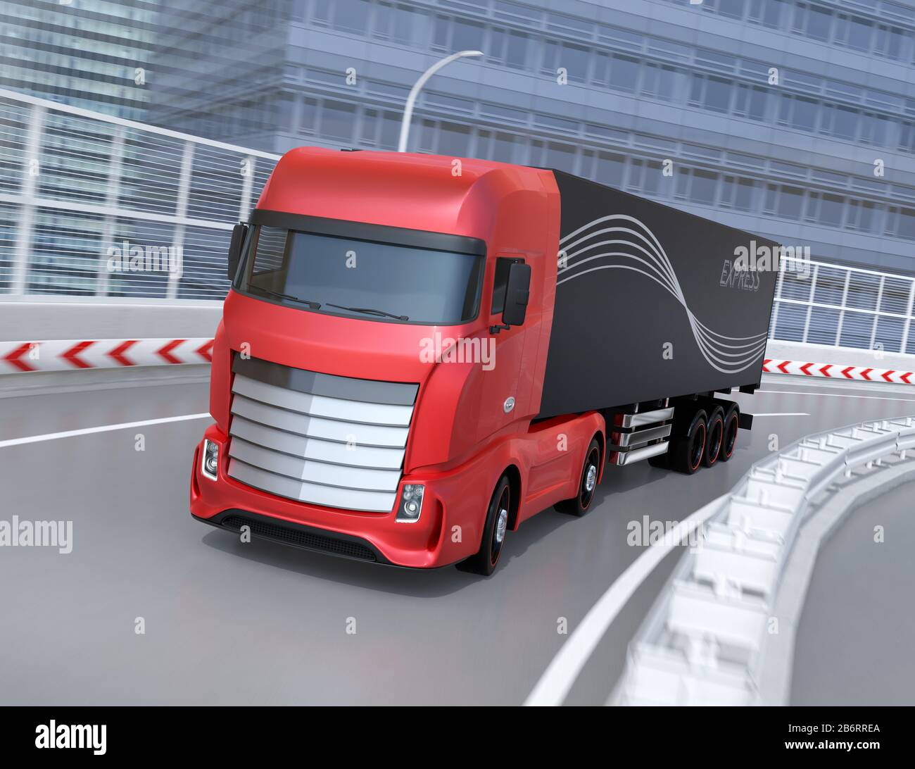 Chariot électrique lourd rouge de conception générique conduisant sur l'autoroute. Image de rendu 3D. Banque D'Images