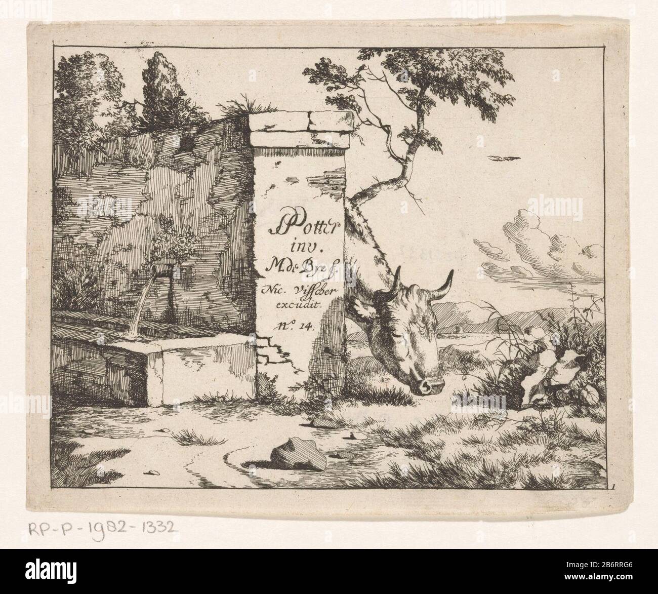 Grazend rund achter muur tête d'une vache apparaît derrière une fontaine murale. N. 14. Fabricant : printmaker: Marcus de Bye (propriété listée) conçu par: Paulus Potter (bâtiment listé) éditeur: Nicolaes Visscher (I) (bâtiment listé) Daté: 1652 - 1679 matériau: Technique du papier: Gravure Dimensions: Bord de la plaque: H 140 mm × W 173 mm Sujet: Vache Banque D'Images
